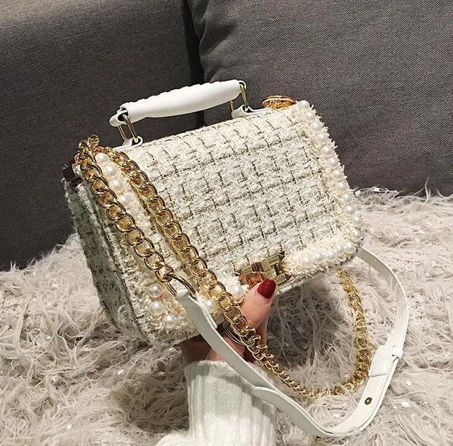2020 Nouvelle Mode Femme Sac à Bandoulière Carré en Laine de Qualité Perles Sac à Main Femme Designer Chaîne Épaule Bandoulière Croisée Voyage Fashion Nova Sacs