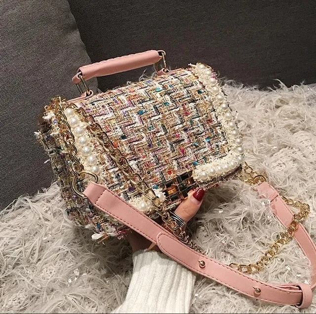2020 Nouvelle Mode Femme Sac à Bandoulière Carré en Laine de Qualité Perles Sac à Main Femme Designer Chaîne Épaule Bandoulière Croisée Voyage Fashion Nova Sacs