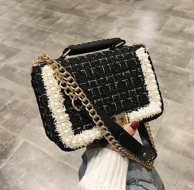 2020 Nouvelle Mode Femme Sac à Bandoulière Carré en Laine de Qualité Perles Sac à Main Femme Designer Chaîne Épaule Bandoulière Croisée Voyage Fashion Nova Sacs