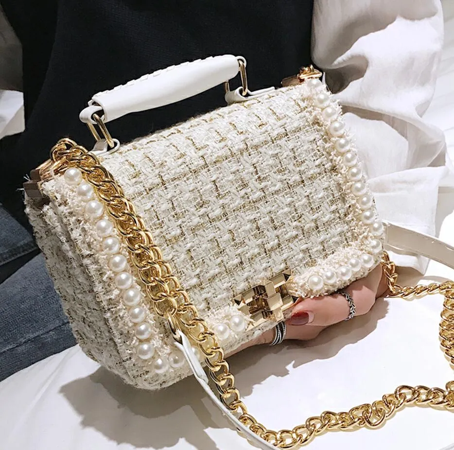 2020 Nouvelle Mode Femme Sac à Bandoulière Carré en Laine de Qualité Perles Sac à Main Femme Designer Chaîne Épaule Bandoulière Croisée Voyage Fashion Nova Sacs
