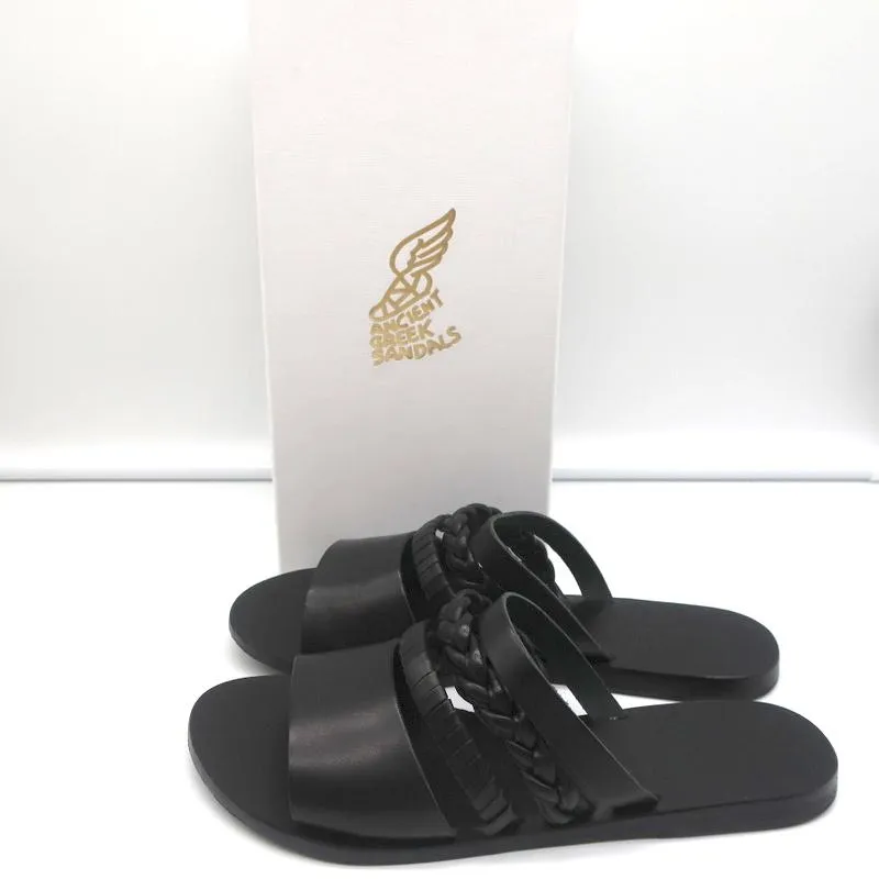 Sandales Grecques Antiques Helene Slides en Cuir Tressé Noir Taille 38