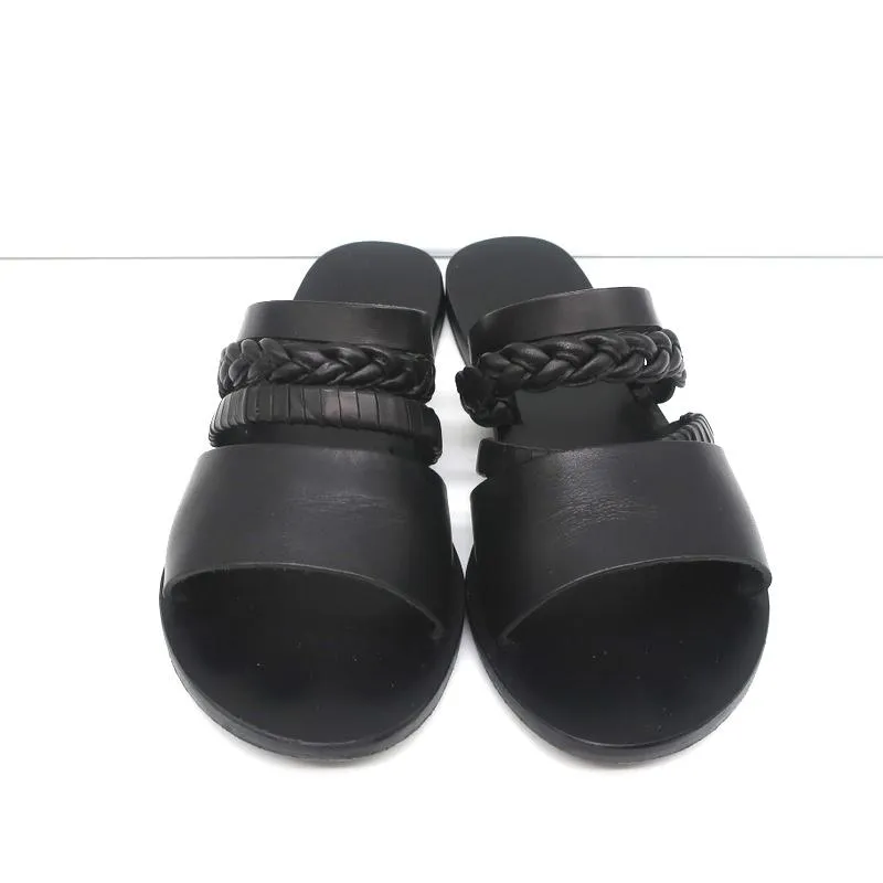 Sandales Grecques Antiques Helene Slides en Cuir Tressé Noir Taille 38