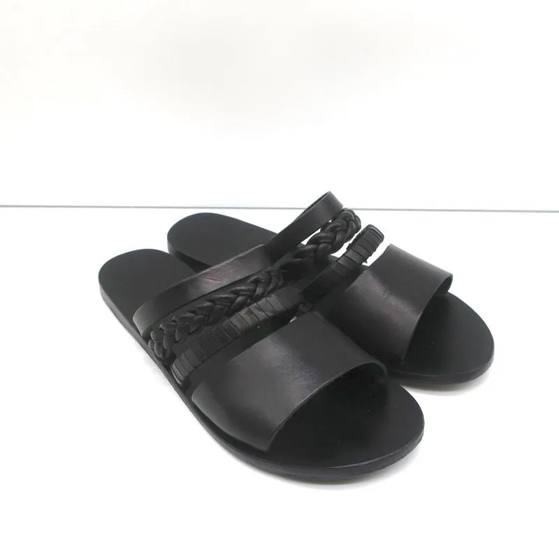 Sandales Grecques Antiques Helene Slides en Cuir Tressé Noir Taille 38