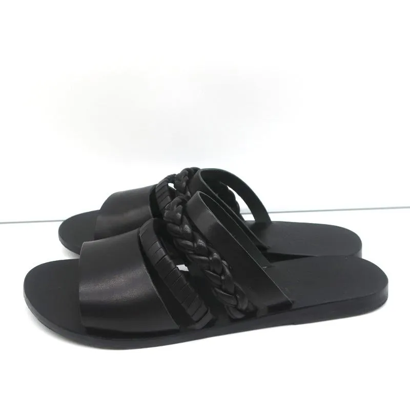 Sandales Grecques Antiques Helene Slides en Cuir Tressé Noir Taille 38