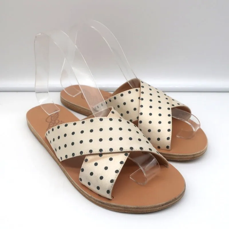 Sandales Grecques Antiques Thais à Lanières Croisées Crème en Satin à Pois Taille 38