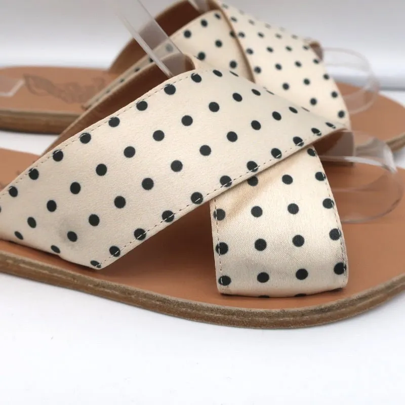 Sandales Grecques Antiques Thais à Lanières Croisées Crème en Satin à Pois Taille 38