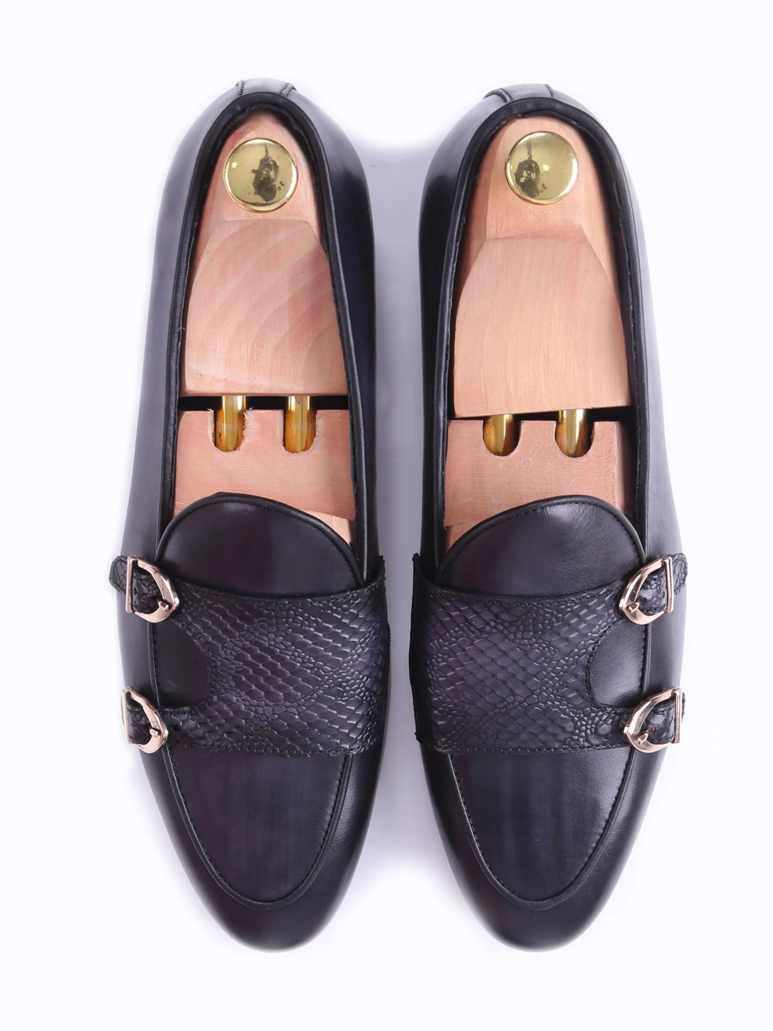 Loafer Belge - Peau de Serpent Noir Gris Double Bride (Patine Peinte à la Main)