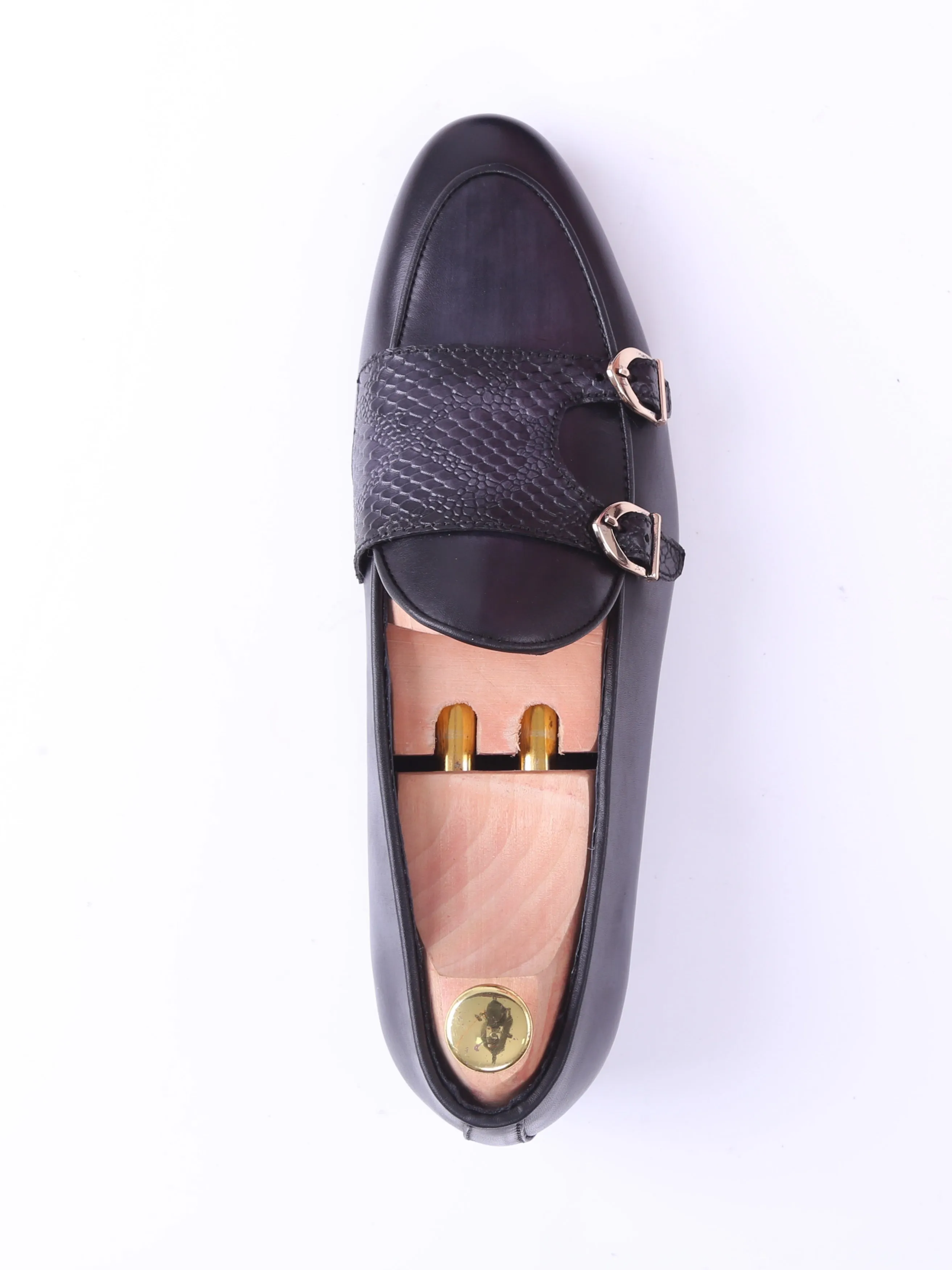 Loafer Belge - Peau de Serpent Noir Gris Double Bride (Patine Peinte à la Main)