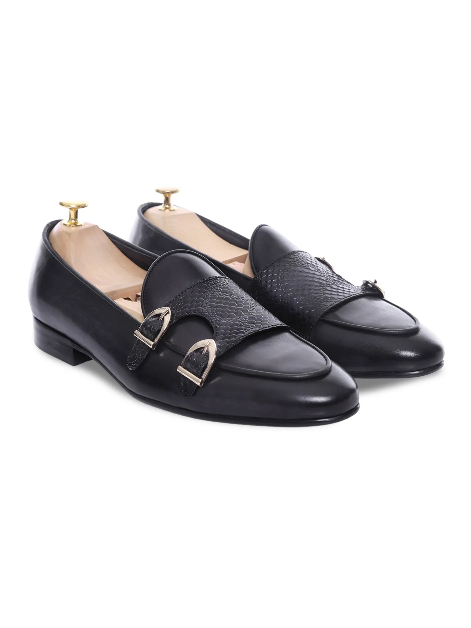 Loafer Belge - Peau de Serpent Noir Gris Double Bride (Patine Peinte à la Main)