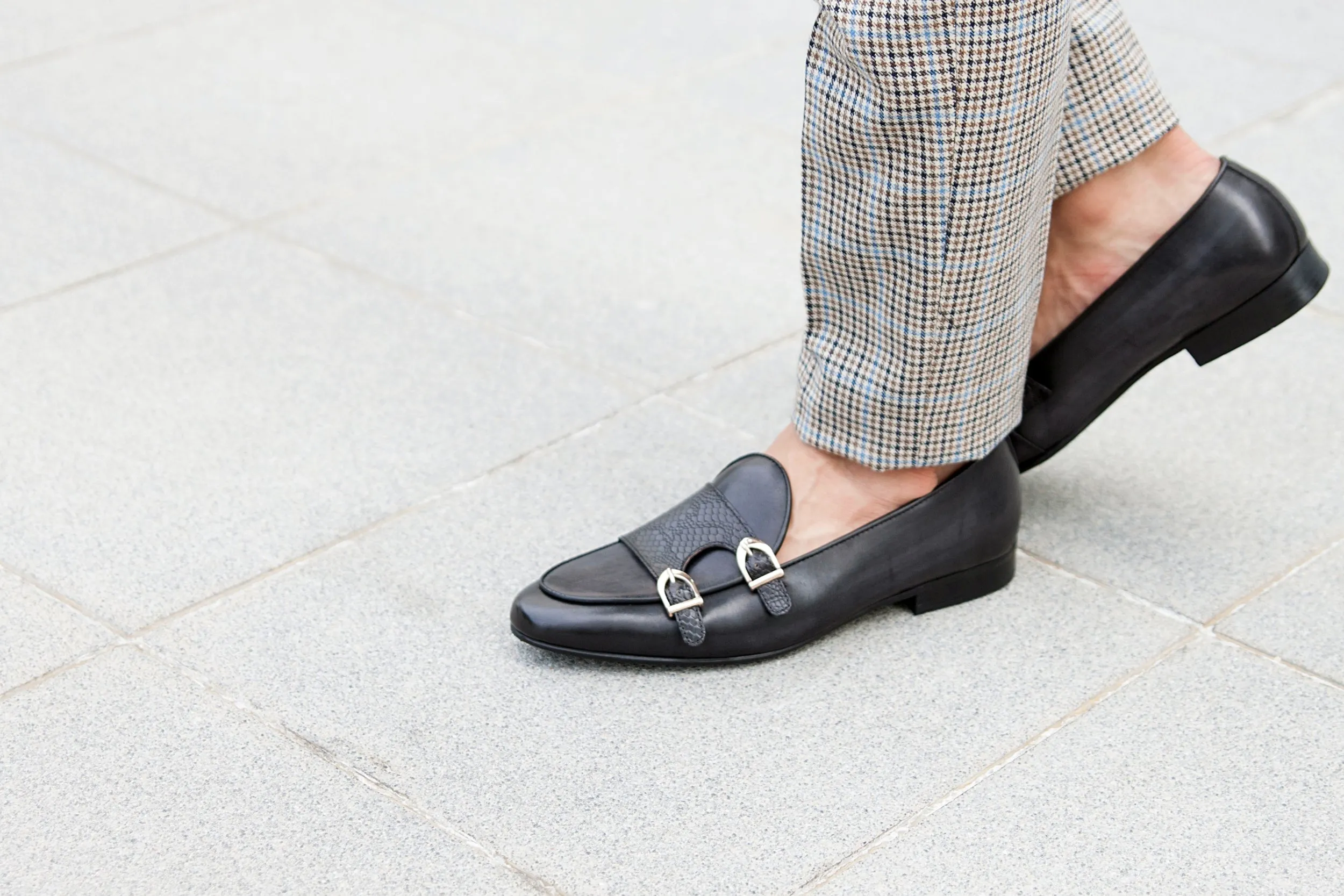 Loafer Belge - Peau de Serpent Noir Gris Double Bride (Patine Peinte à la Main)