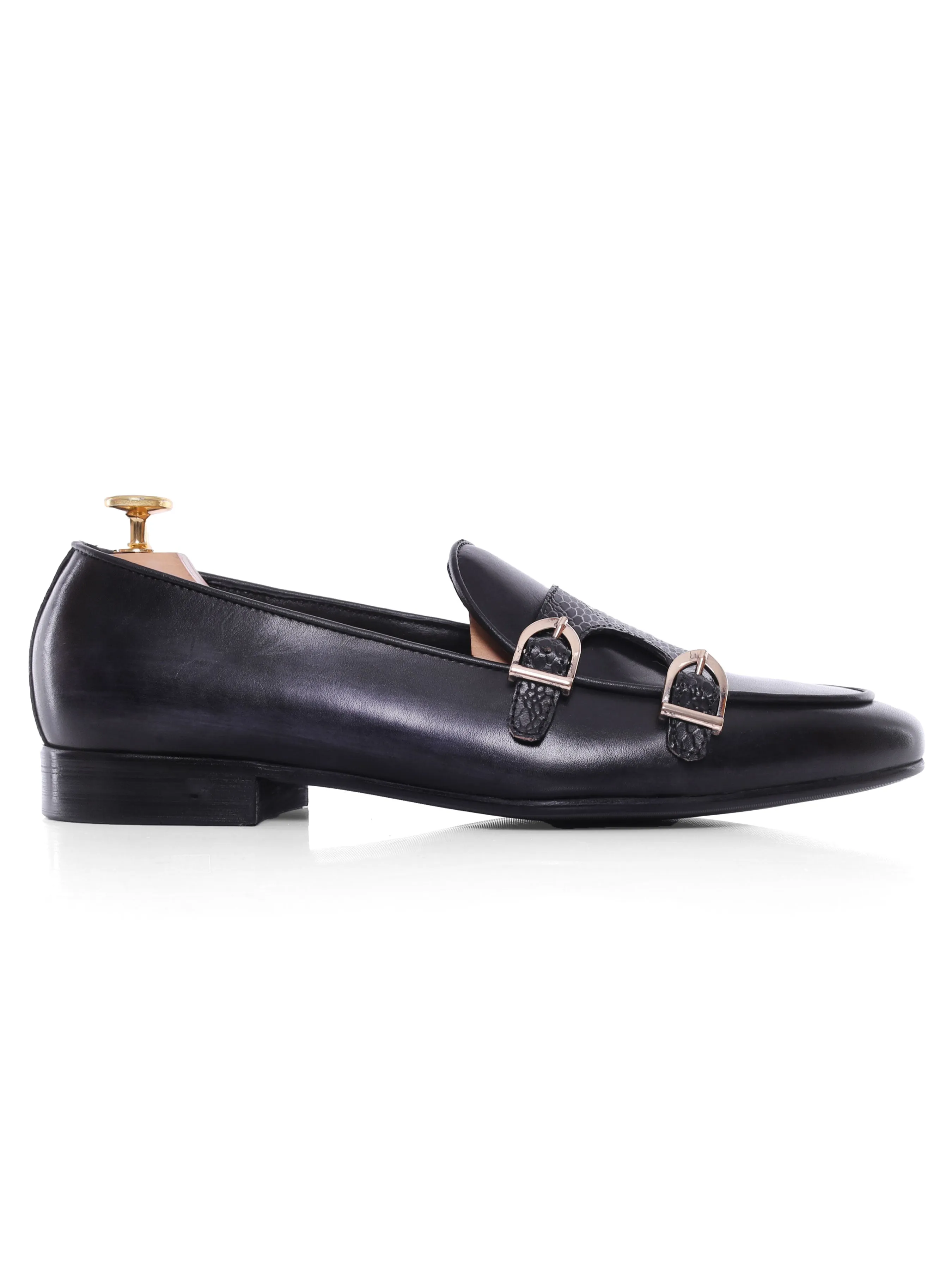 Loafer Belge - Peau de Serpent Noir Gris Double Bride (Patine Peinte à la Main)