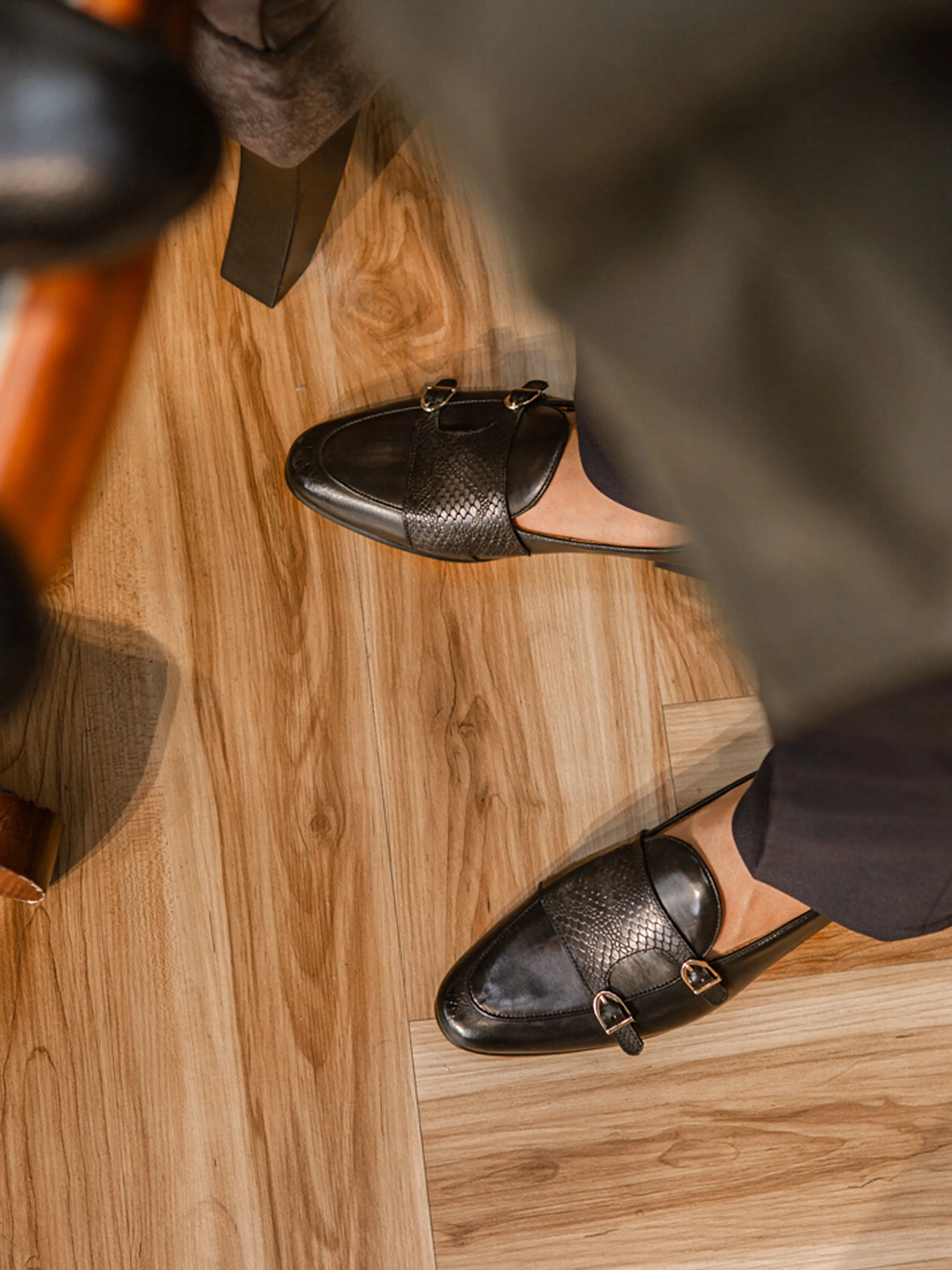Loafer Belge - Peau de Serpent Noir Gris Double Bride (Patine Peinte à la Main)