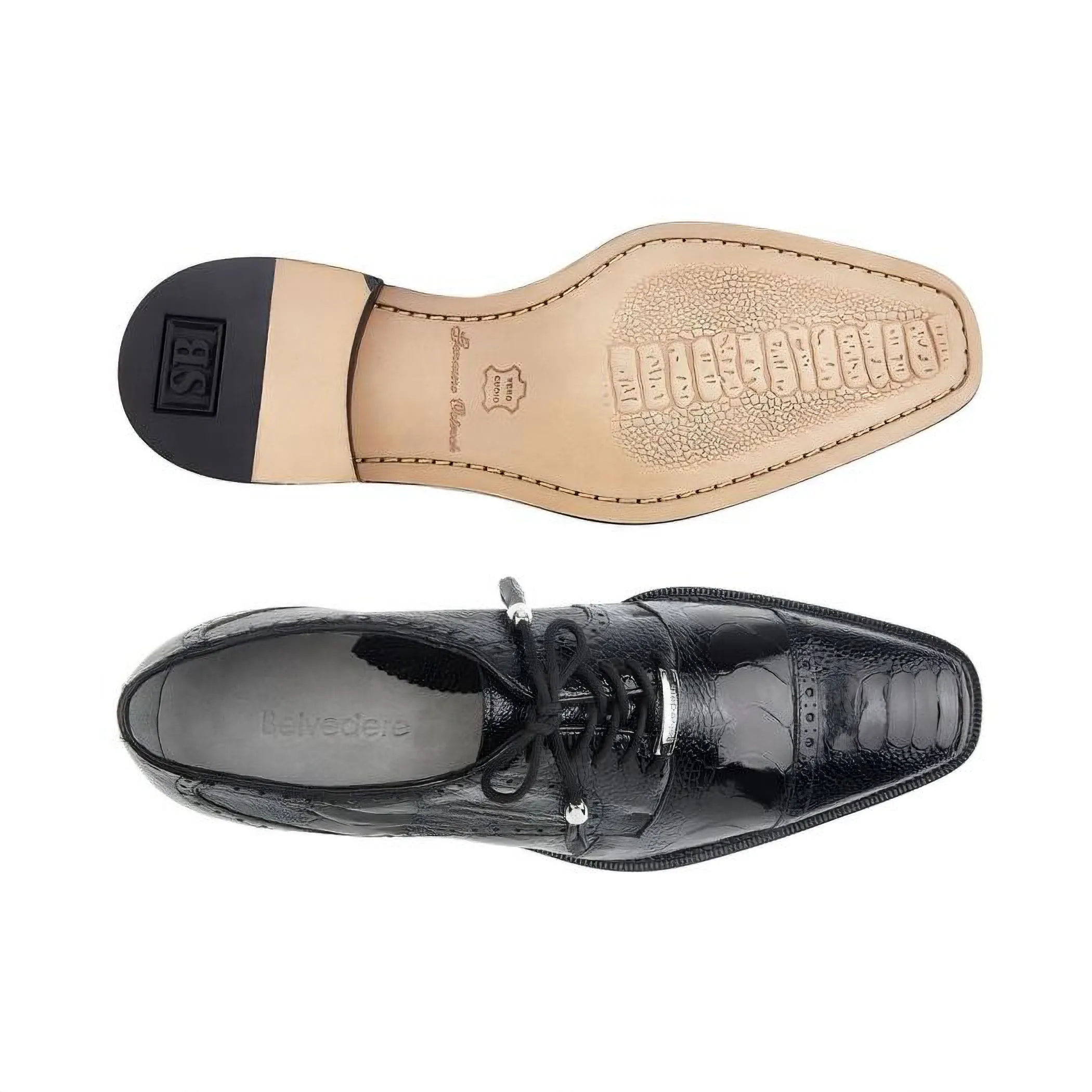 Chaussures Belvedere en Peau Exotique Belvedere Batta en Véritable Autruche Noire Oxford