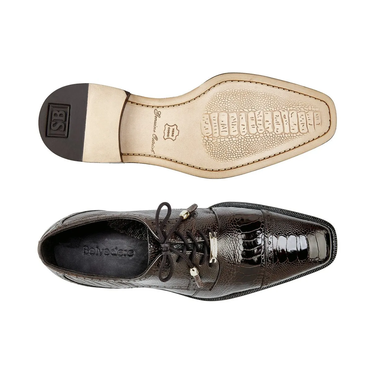 Chaussures Belvedere en Peau Exotique Belvedere Batta en Véritable Autruche Chocolat Oxford
