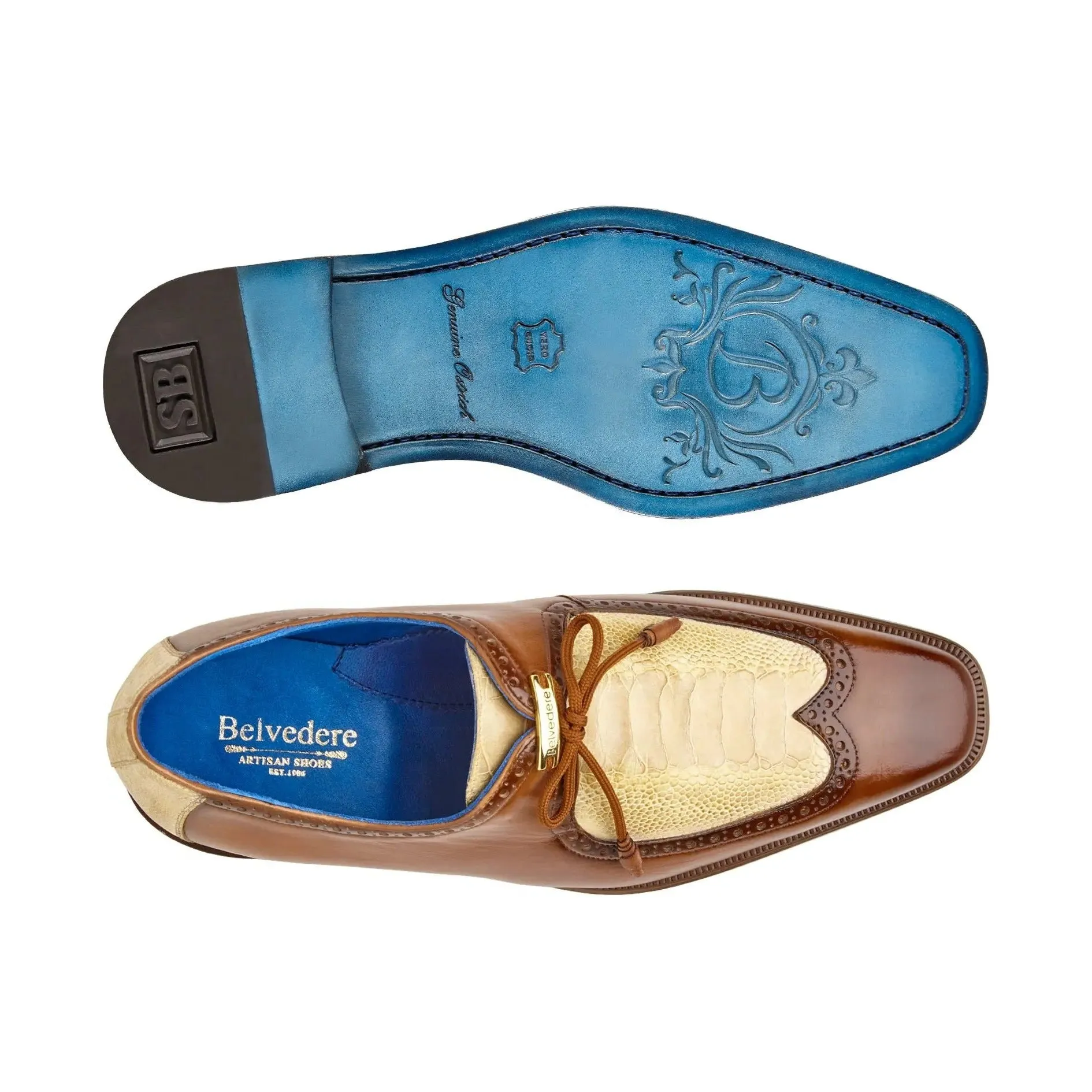 Chaussures Belvedere Exotic Skin Belvedere Etore en Amande Antique / Jambe d'Autruche et Cuir Oxford