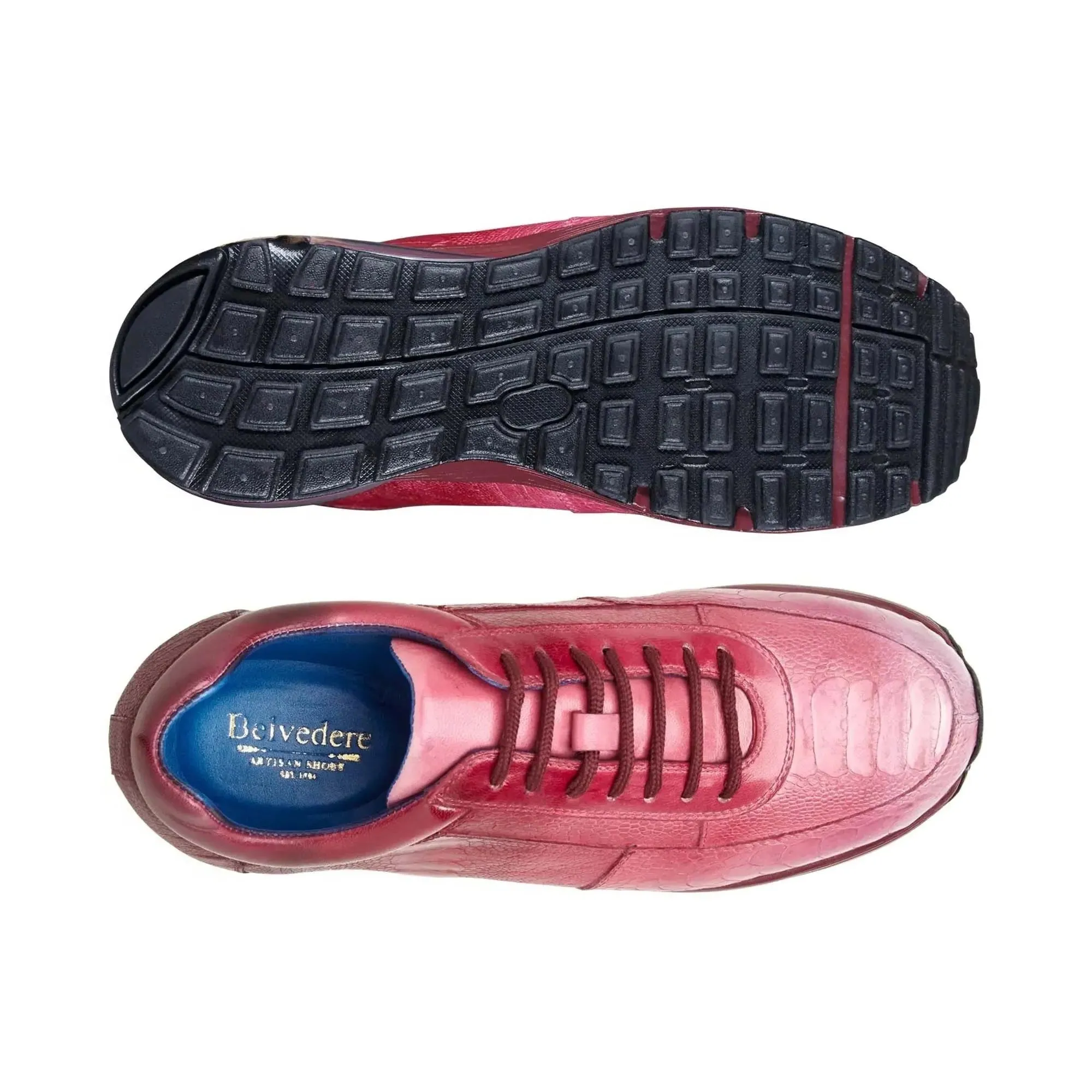 Chaussures Belvedere en Peau Exotique Belvedere George en Véritable Autruche Multicolore Rose Sneakers Peints à la Main