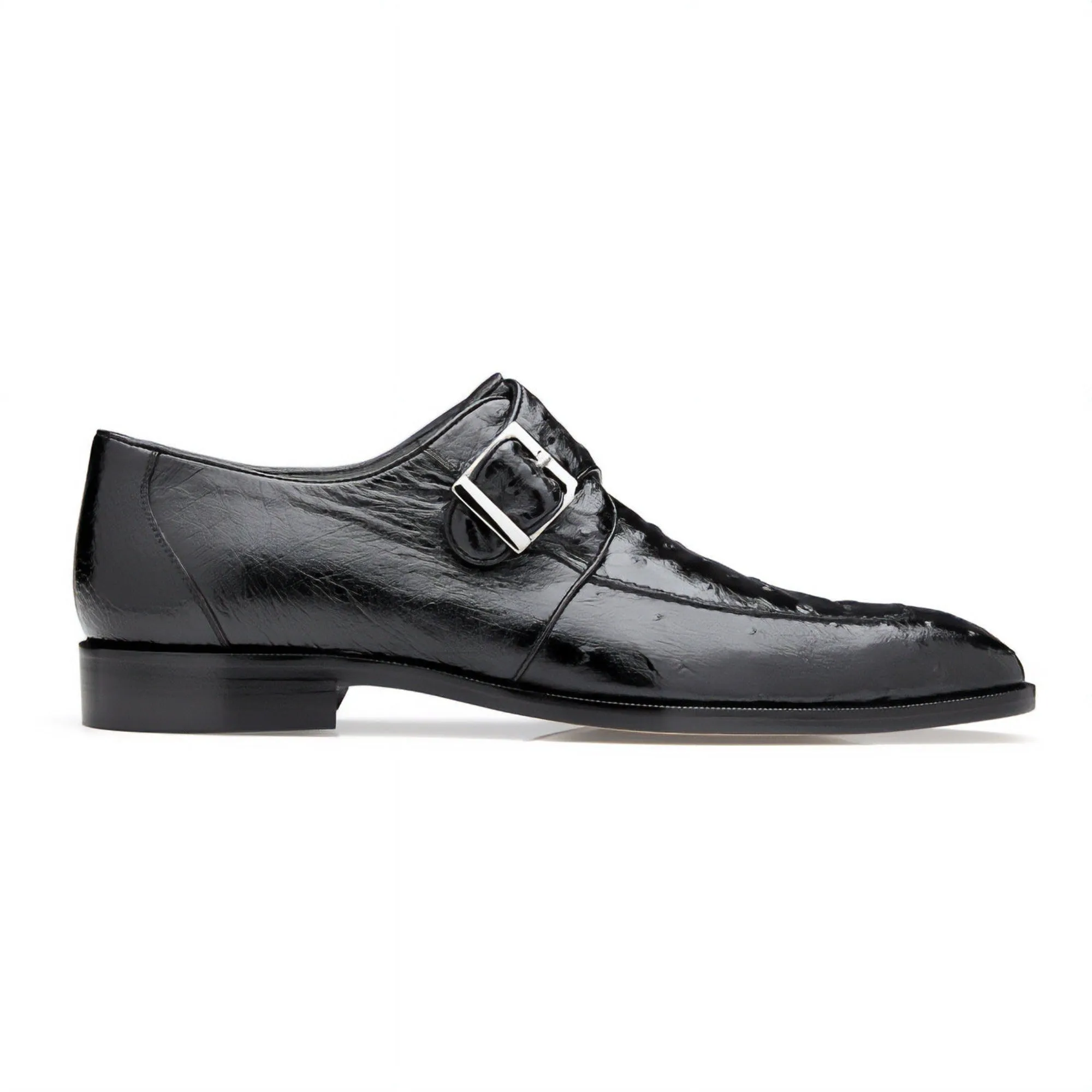 Chaussures de luxe Belvedere en peau exotique - Modèle Josh en autruche véritable noire à bout fendu et bride moine