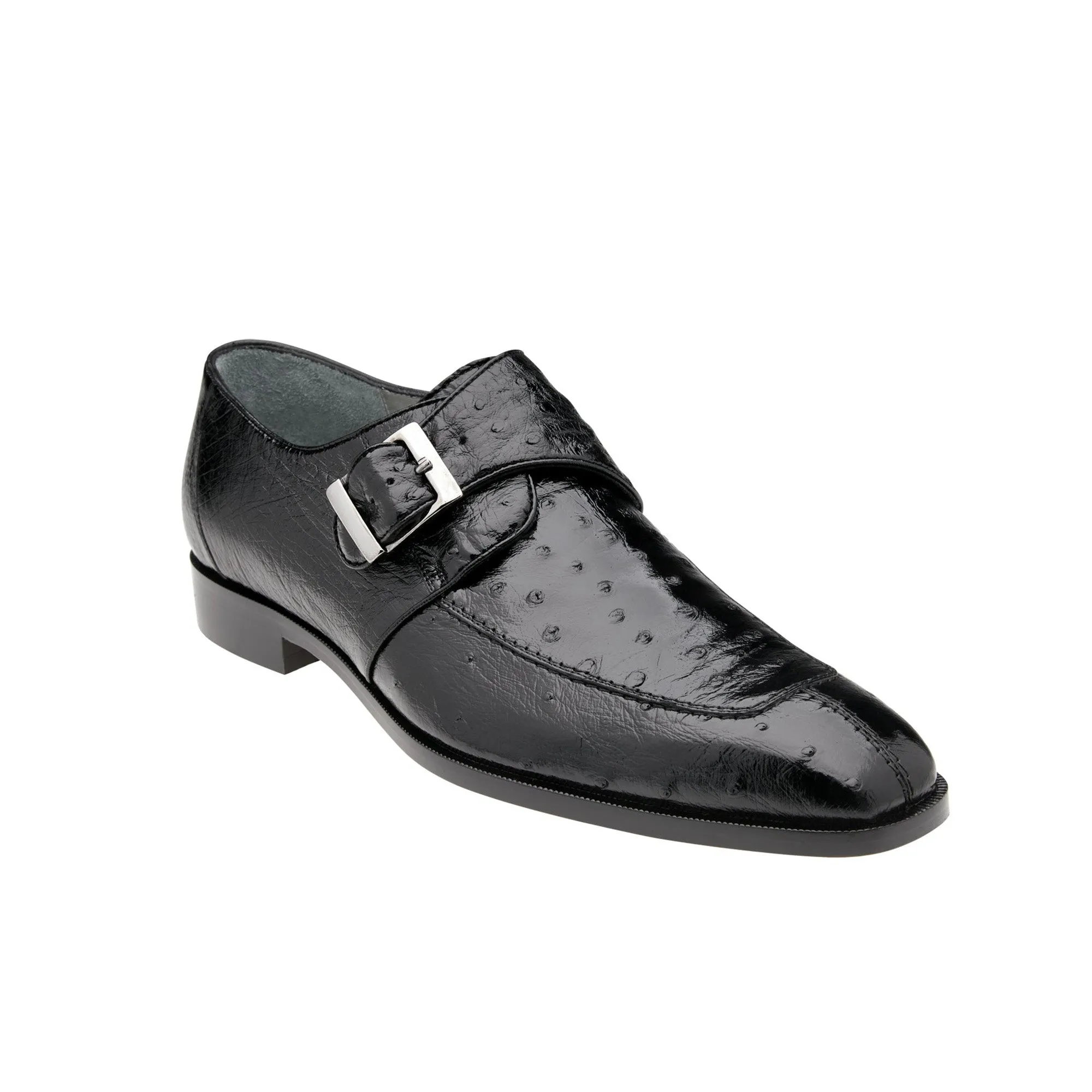 Chaussures de luxe Belvedere en peau exotique - Modèle Josh en autruche véritable noire à bout fendu et bride moine