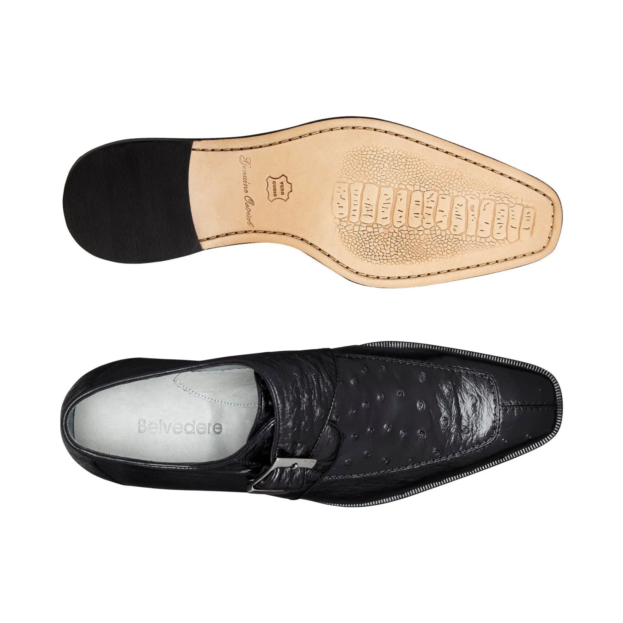 Chaussures de luxe Belvedere en peau exotique - Modèle Josh en autruche véritable noire à bout fendu et bride moine