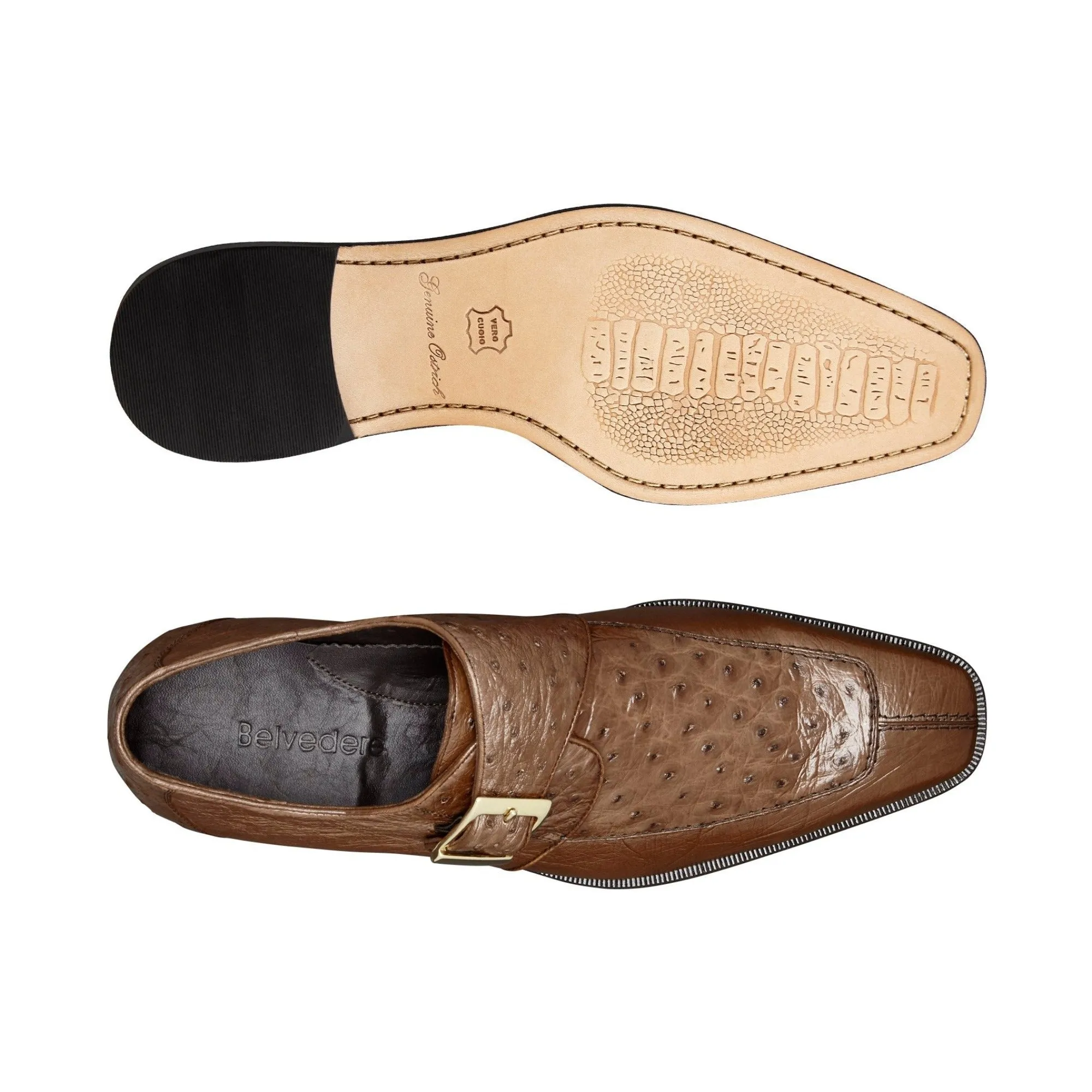 Chaussures de luxe Belvedere en peau exotique - Modèle Josh en cuir d'autruche véritable marron, à bout fendu et bride monastique