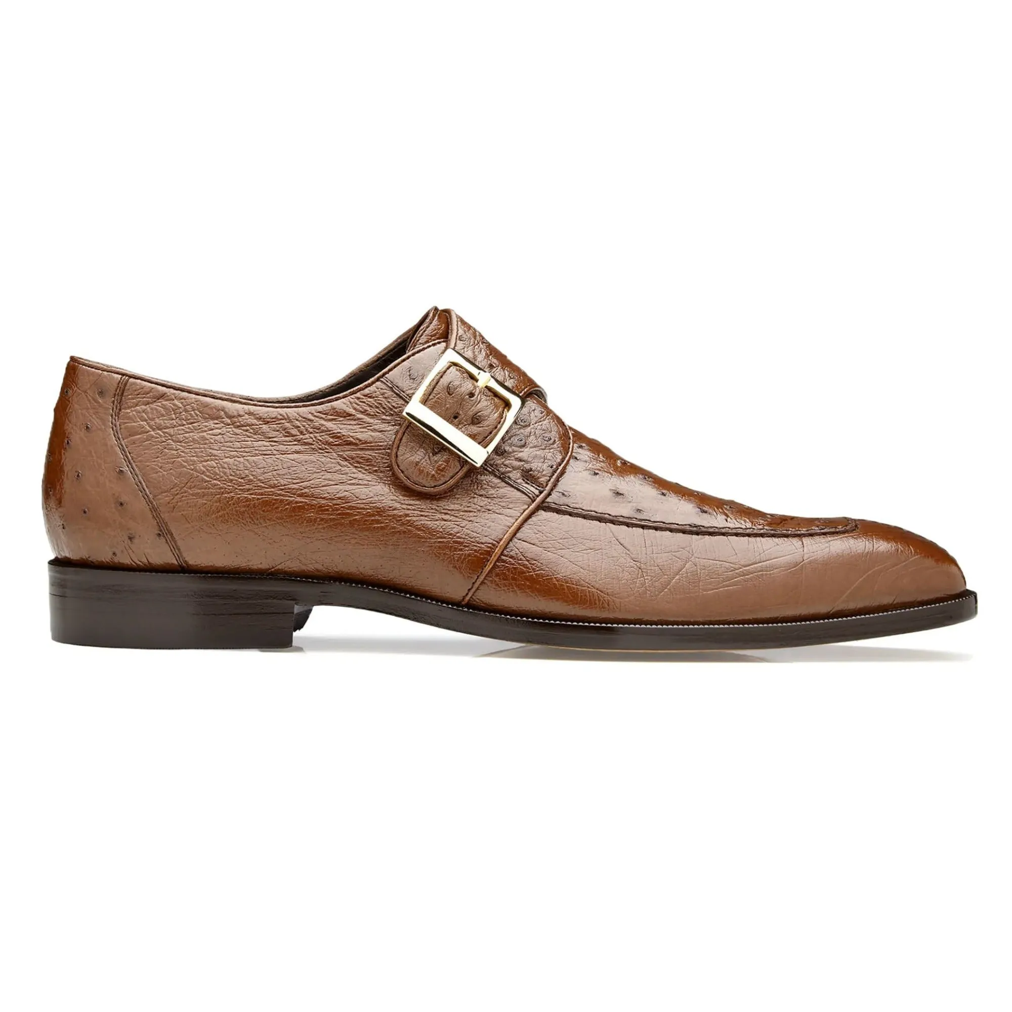 Chaussures de luxe Belvedere en peau exotique - Modèle Josh en cuir d'autruche véritable marron, à bout fendu et bride monastique