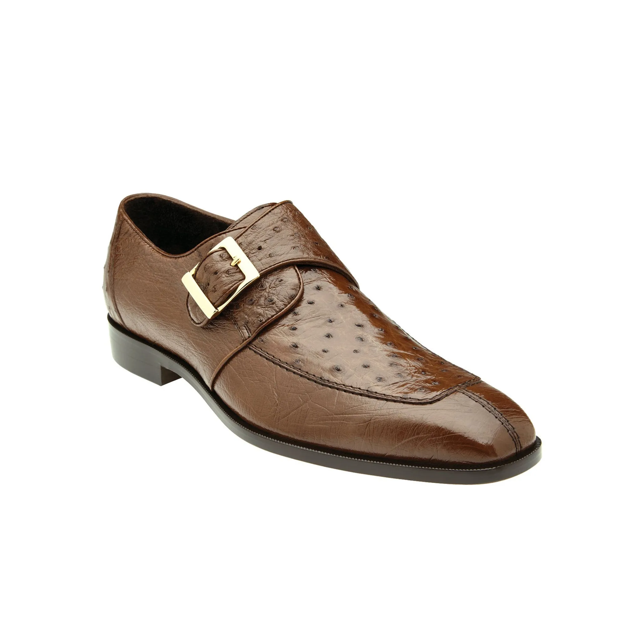 Chaussures de luxe Belvedere en peau exotique - Modèle Josh en cuir d'autruche véritable marron, à bout fendu et bride monastique