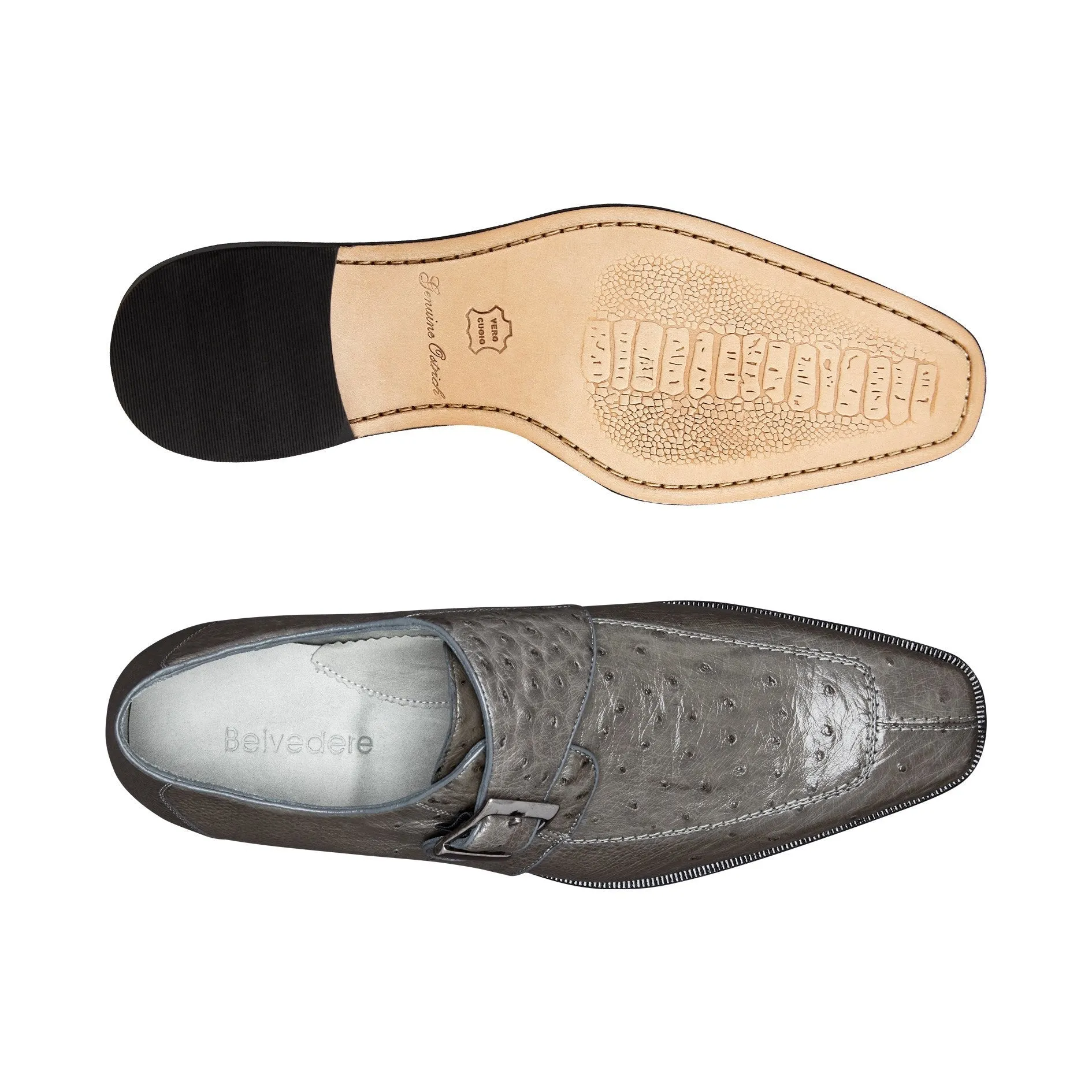 Chaussures de luxe Belvedere en peau exotique Belvedere Josh en autruche véritable grise à bout fendu et bride moine