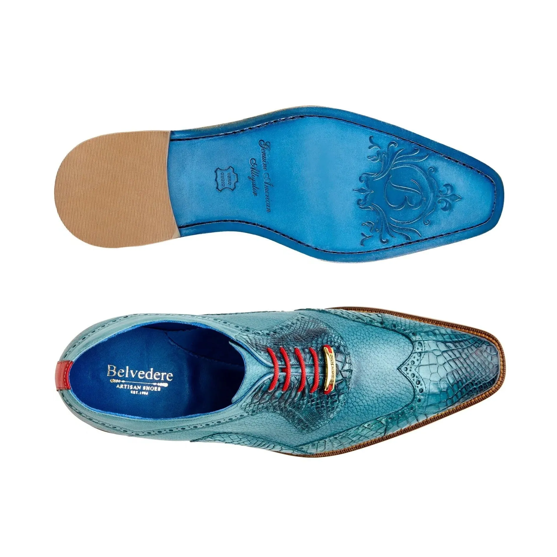 Chaussures habillées Belvedere Roberto en alligator antique aqua et cuir Belvedere Exotic Skin