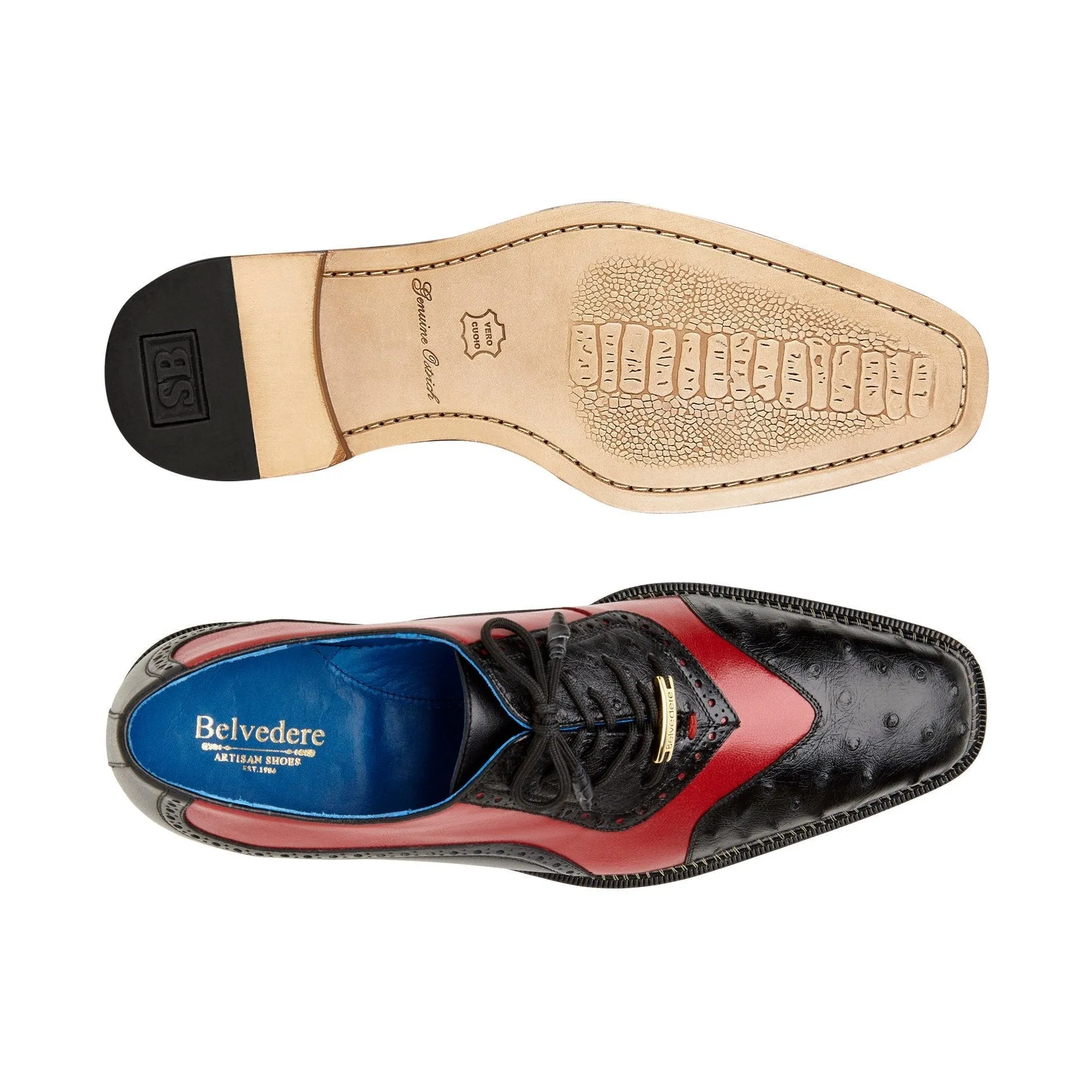 Chaussures habillées Belvedere Sesto en peau exotique noire / rouge en plume d'autruche et cuir