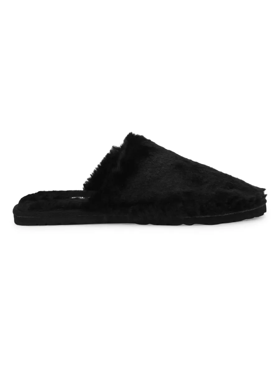 Mules en Fausse Fourrure Noire Douce et Duveteuse