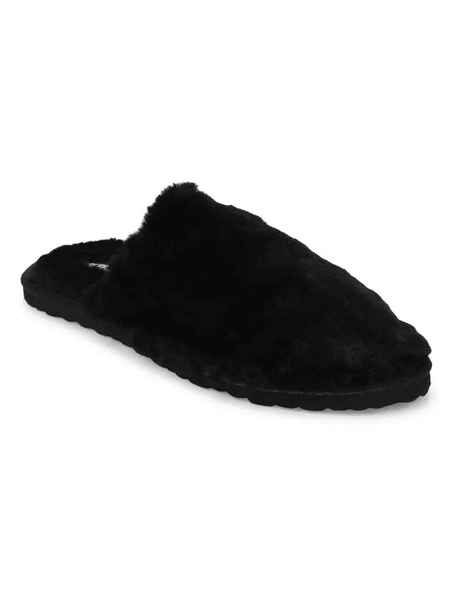 Mules en Fausse Fourrure Noire Douce et Duveteuse