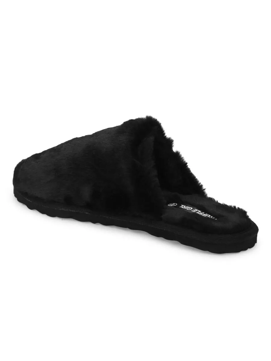 Mules en Fausse Fourrure Noire Douce et Duveteuse
