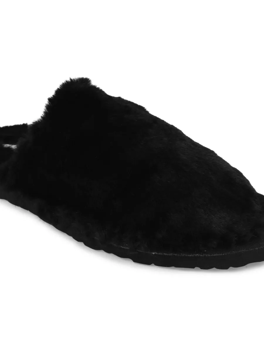 Mules en Fausse Fourrure Noire Douce et Duveteuse