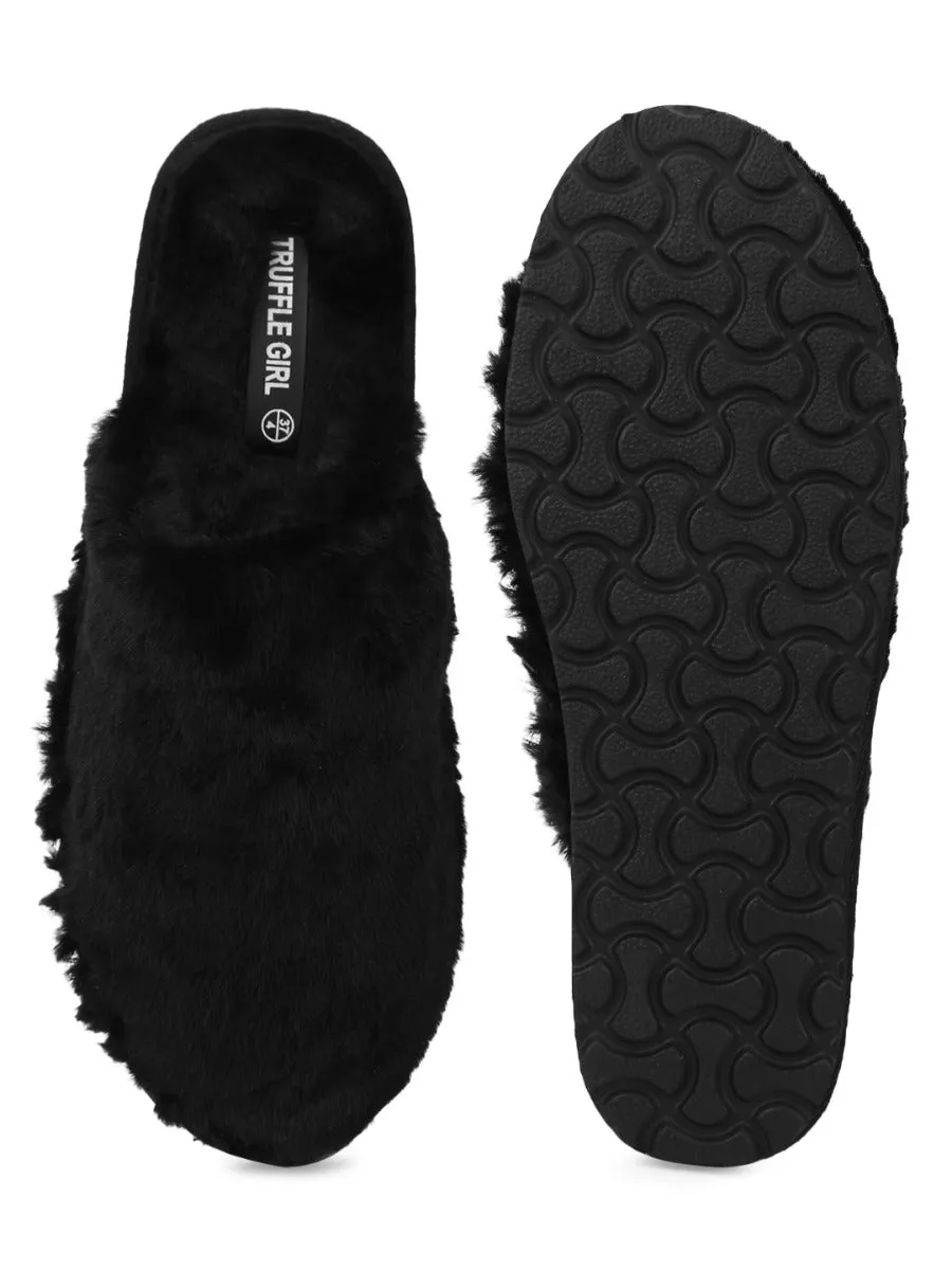 Mules en Fausse Fourrure Noire Douce et Duveteuse