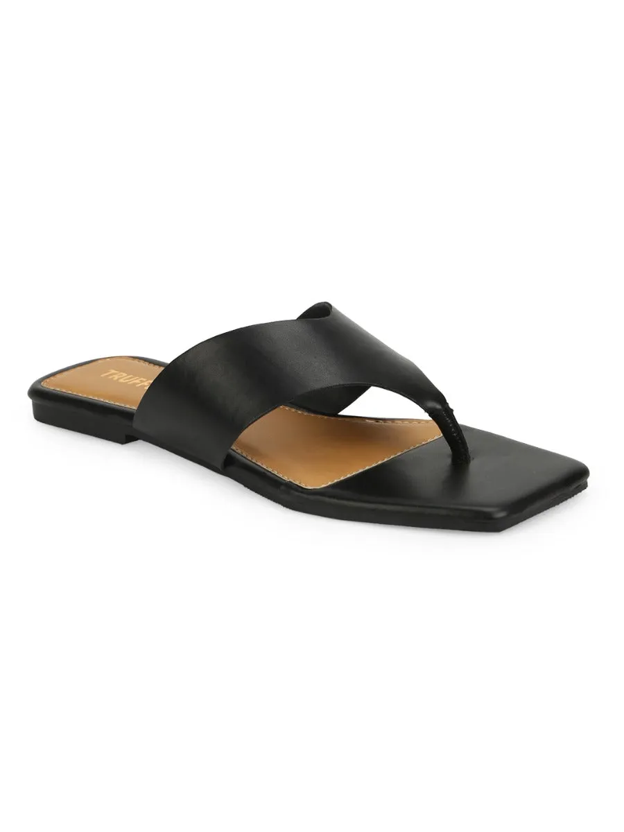 Tongslip en PU noir à bout carré