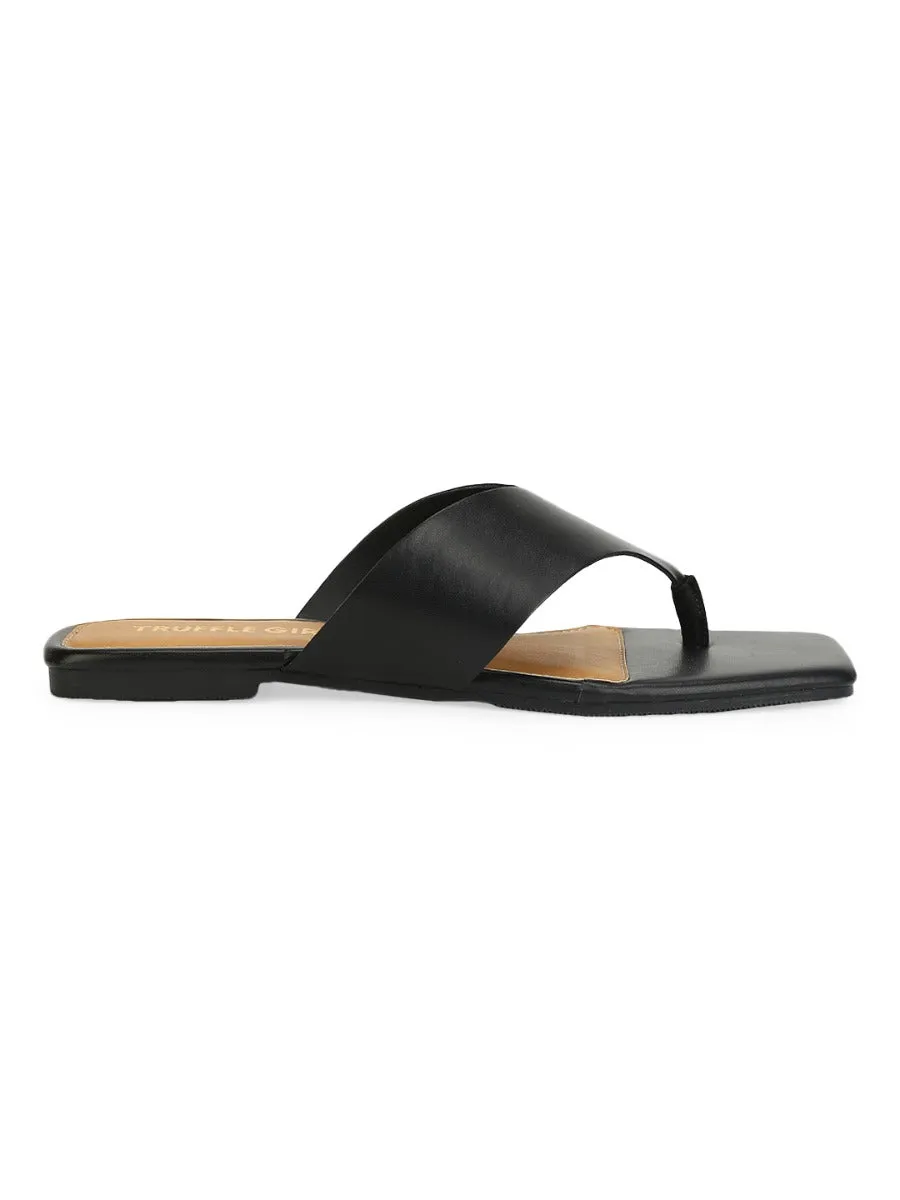 Tongslip en PU noir à bout carré