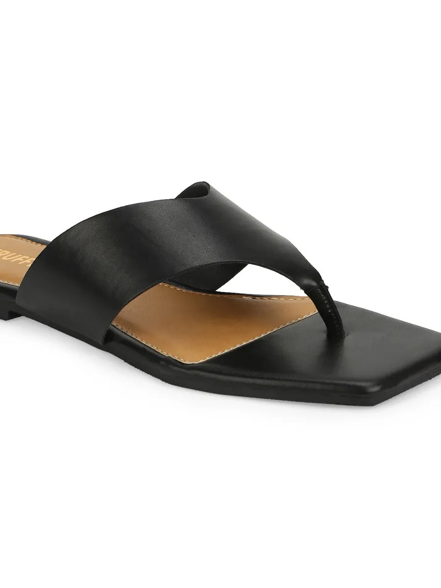 Tongslip en PU noir à bout carré