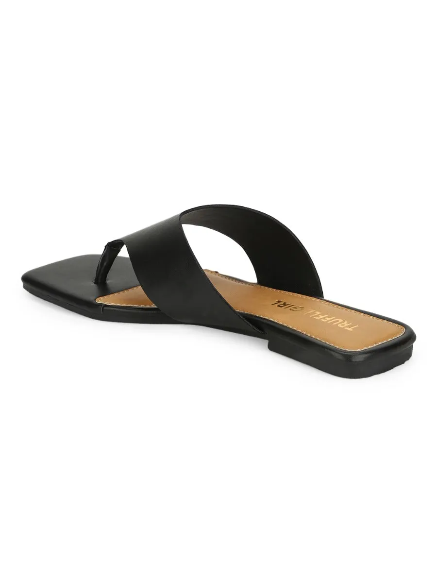 Tongslip en PU noir à bout carré