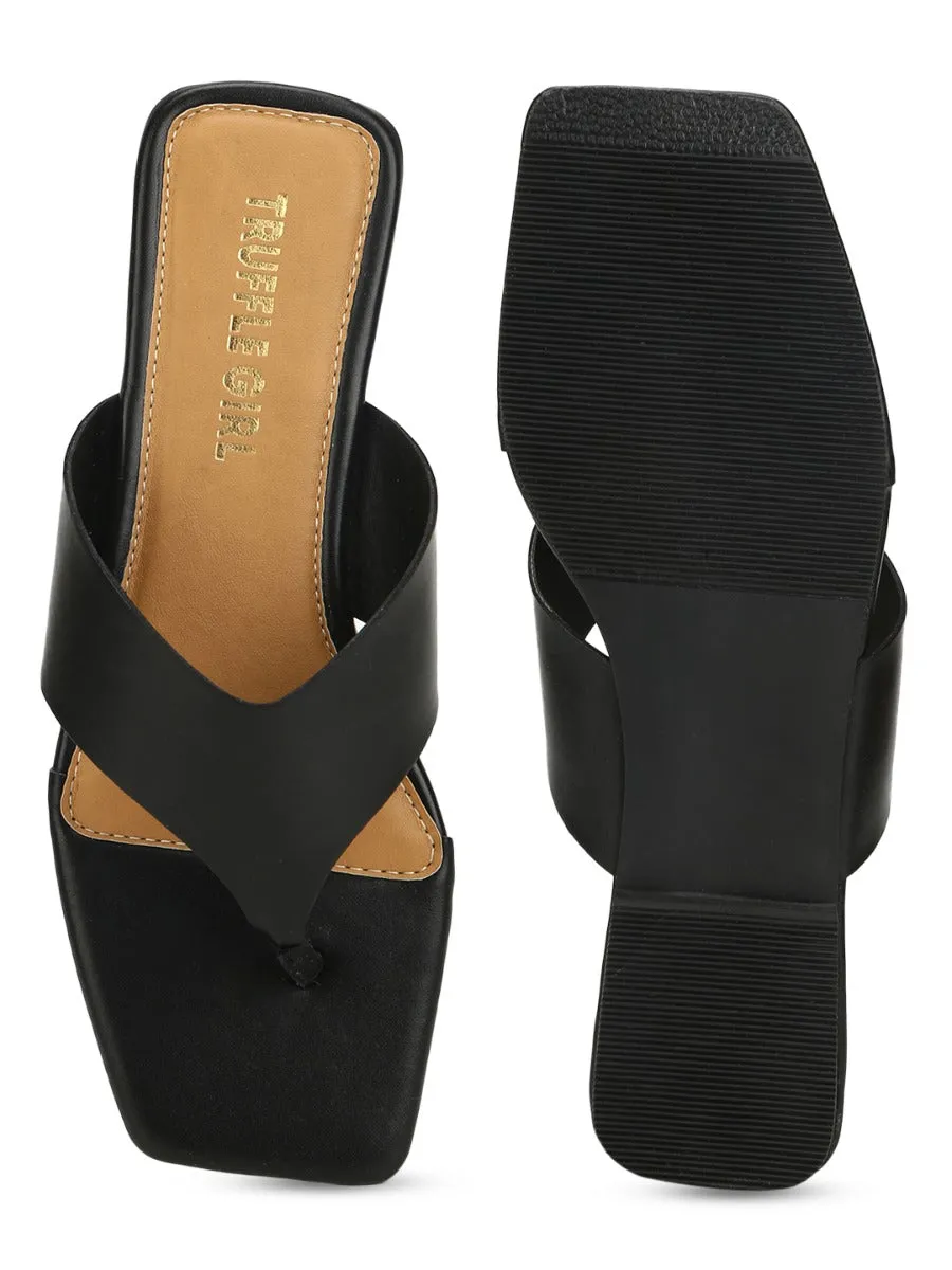 Tongslip en PU noir à bout carré