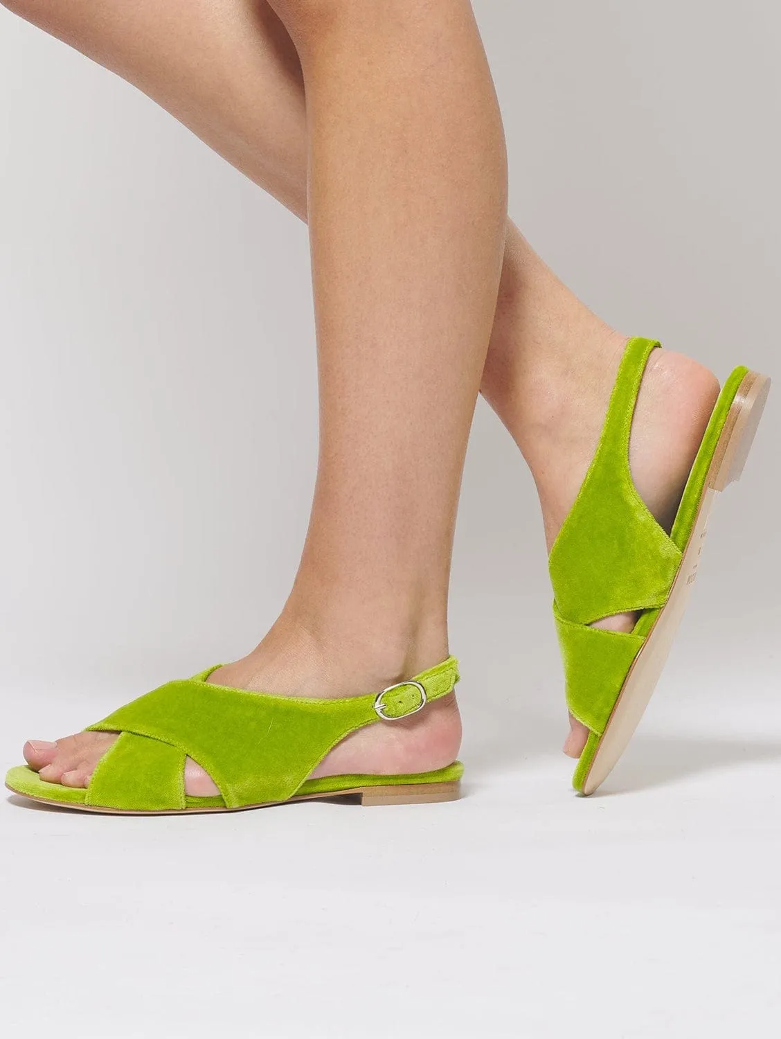 Sandales à lanières croisées en velours de coton végan | Vert Acido
