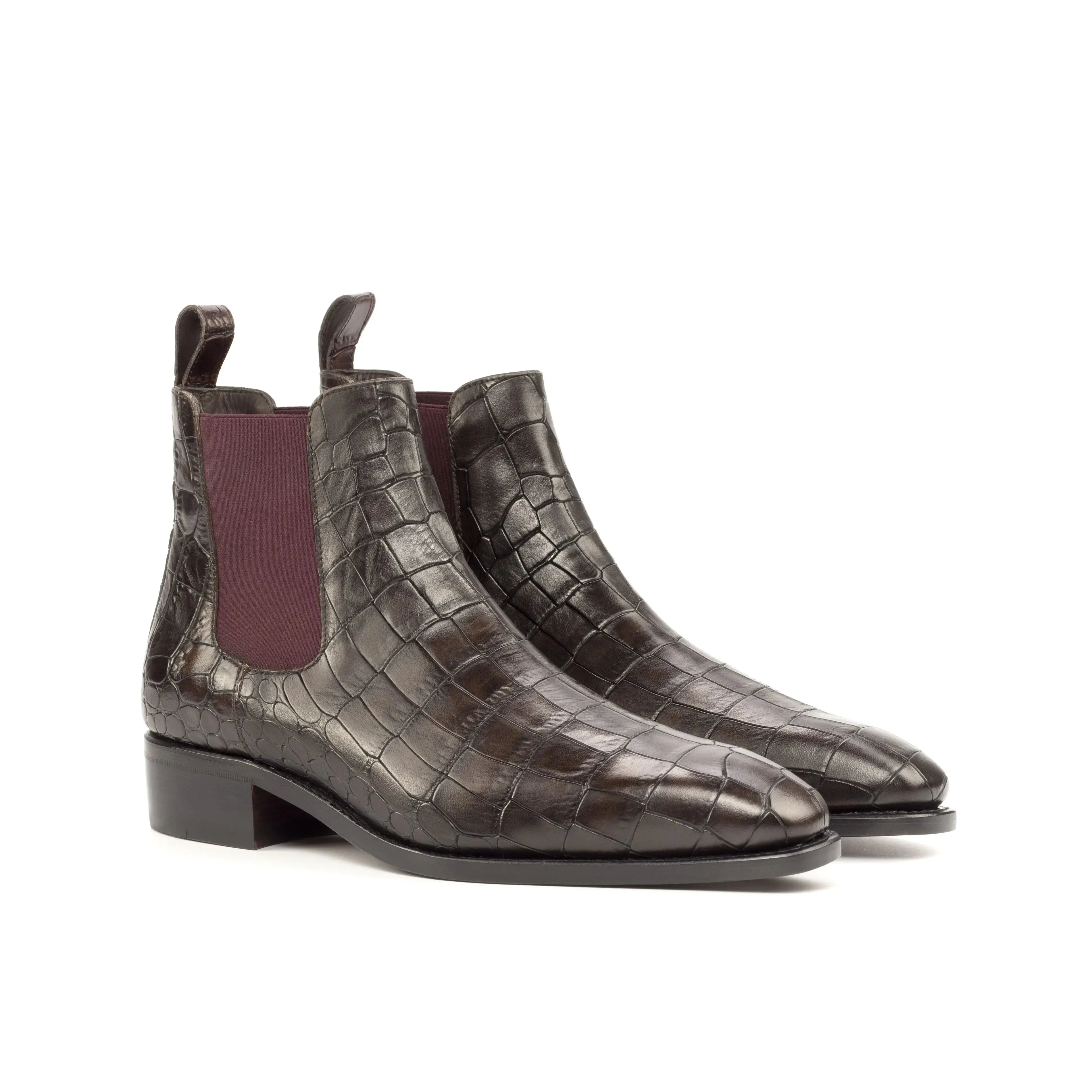 Dapperfam Shoes DapperFam Monza en Marron Foncé / Bordeaux Bottes Chelsea pour Hommes en Cuir Imprimé Croco Italien