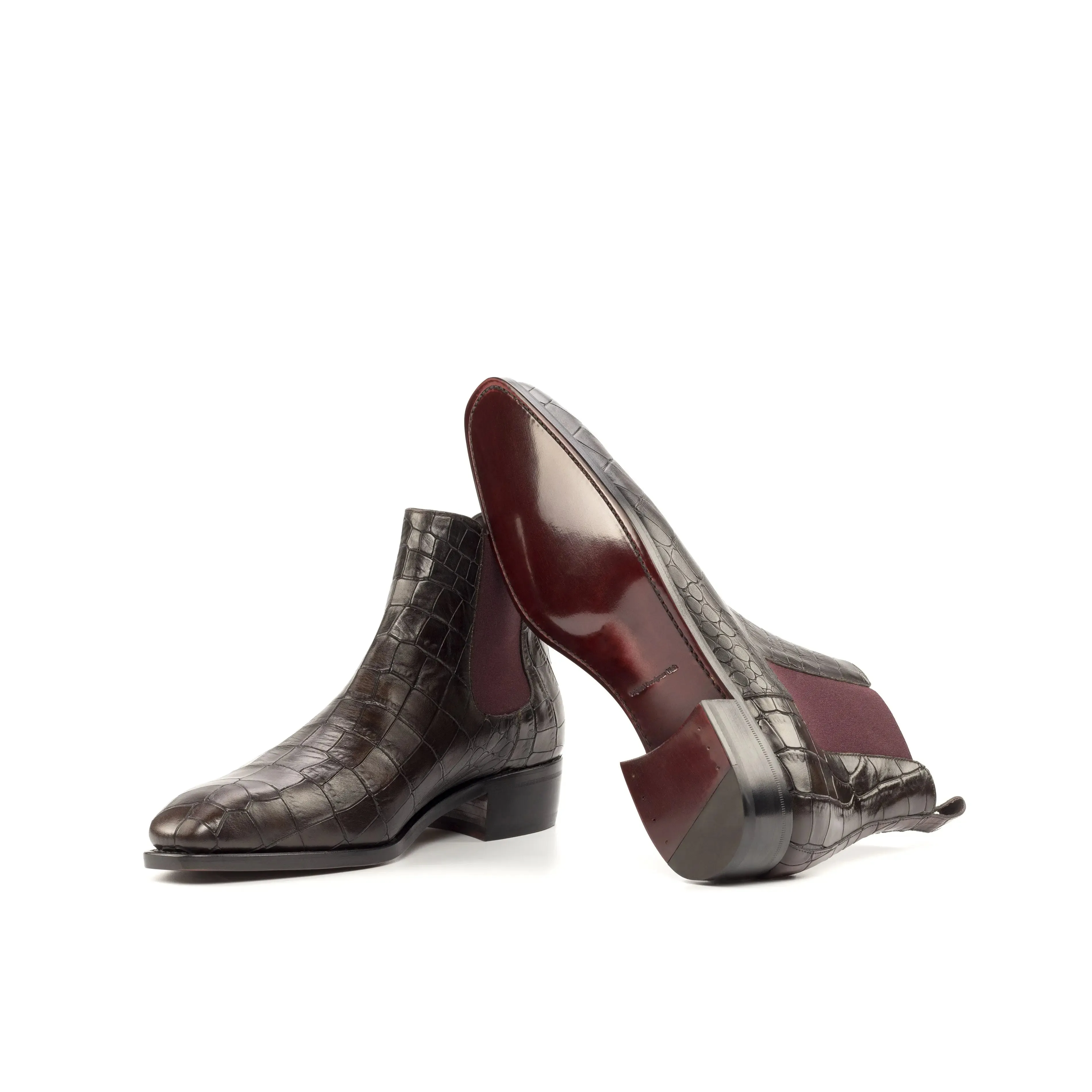 Dapperfam Shoes DapperFam Monza en Marron Foncé / Bordeaux Bottes Chelsea pour Hommes en Cuir Imprimé Croco Italien