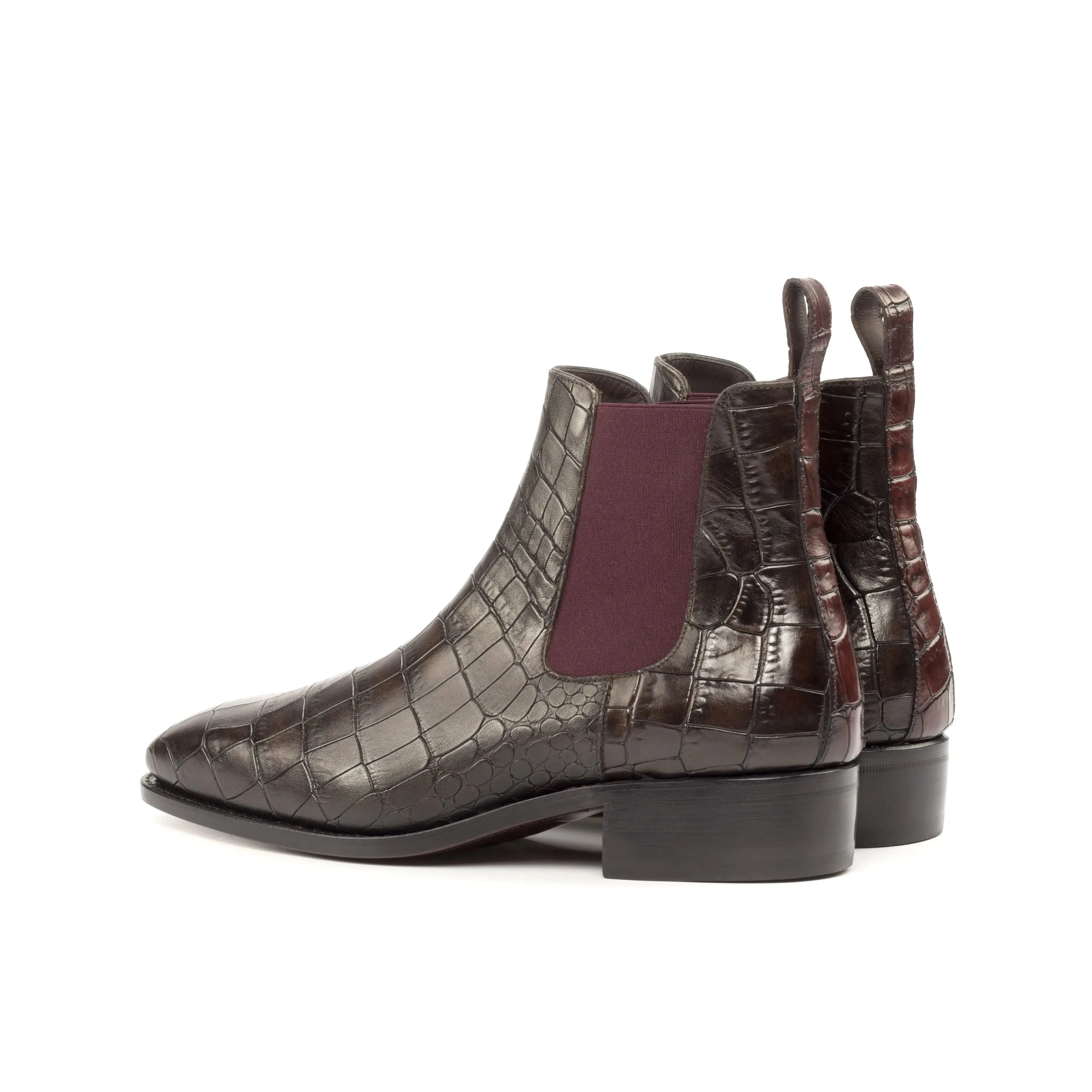 Dapperfam Shoes DapperFam Monza en Marron Foncé / Bordeaux Bottes Chelsea pour Hommes en Cuir Imprimé Croco Italien