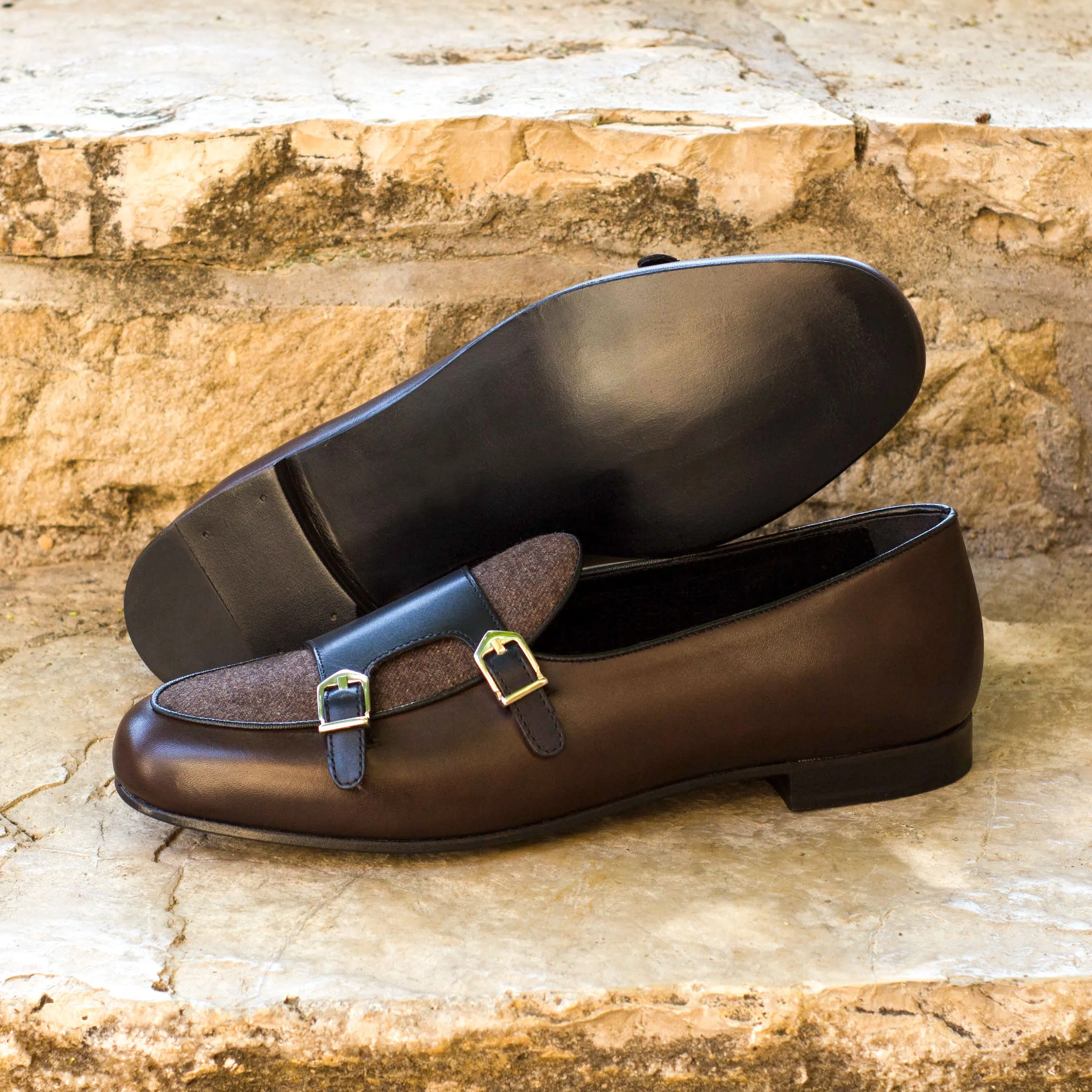 Dapperfam Shoes DapperFam Rialto en Marron / Brun Foncé / Noir Mocassin Moine Homme en Flanelle et Cuir Italien