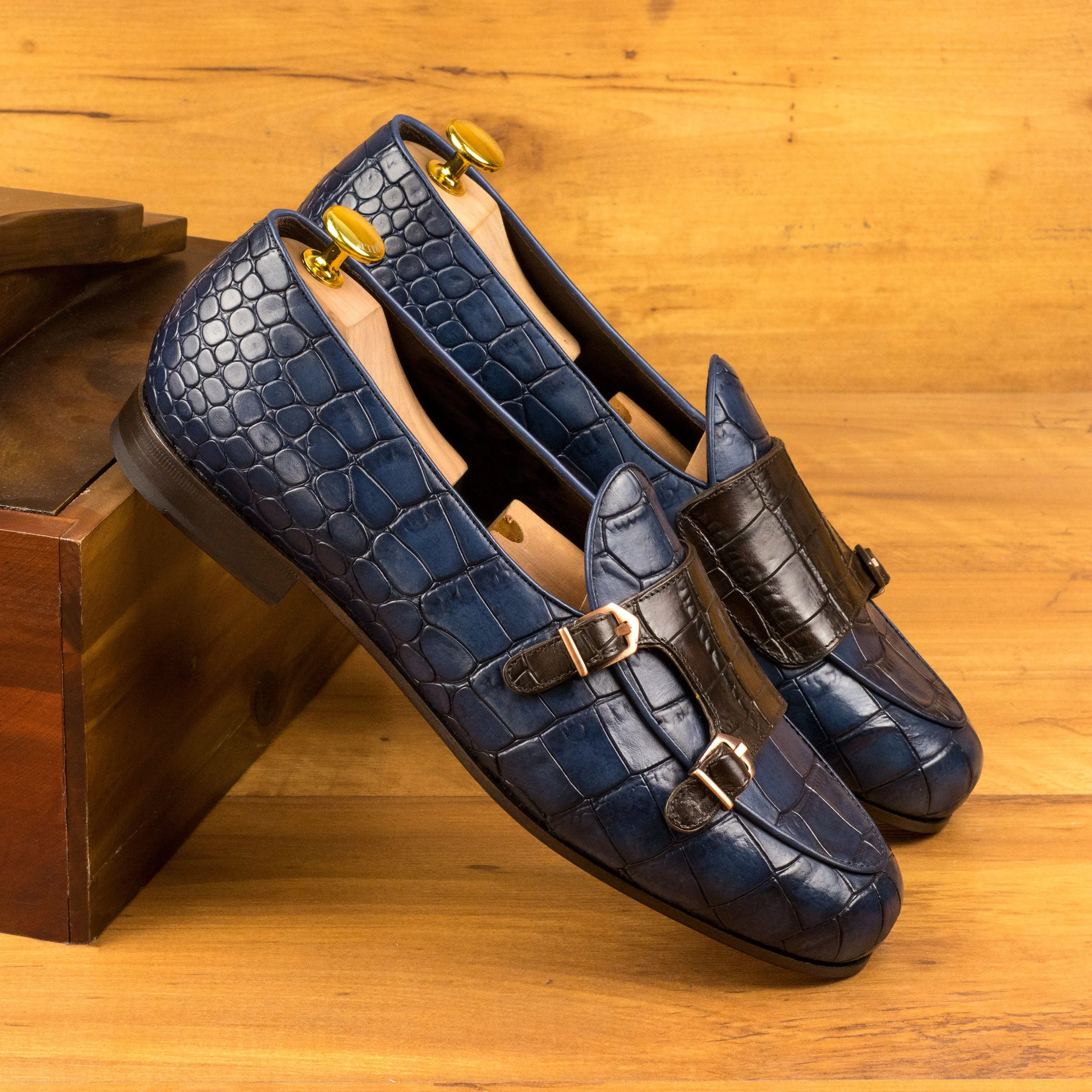 Dapperfam Shoes DapperFam Rialto en Cuir Italien pour Hommes, Marron Foncé / Marine, Mocassin à Boucle