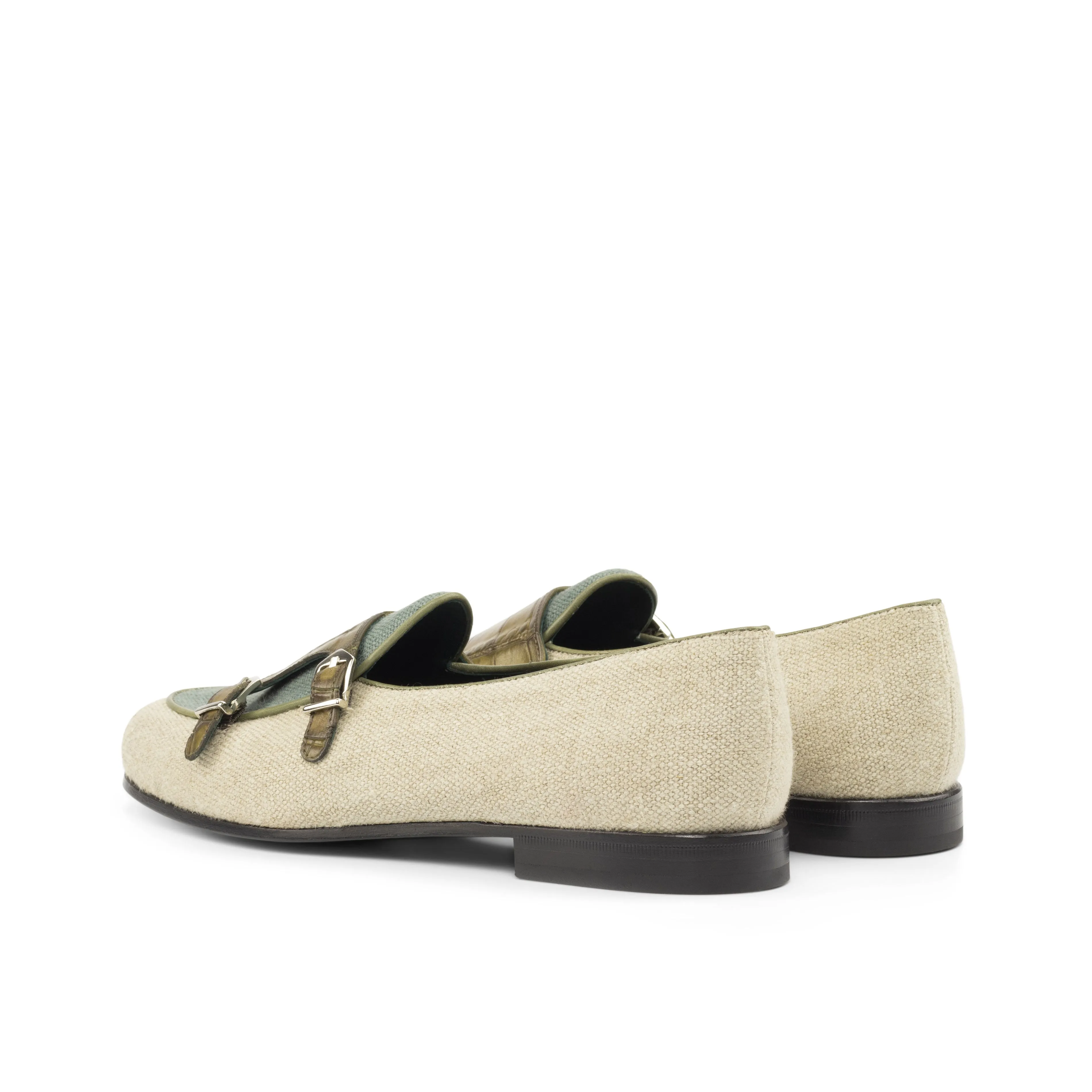 Dapperfam Shoes DapperFam Rialto en Glace / Kaki / Olive Mocassin Moine en Lin & Cuir Italien pour Homme