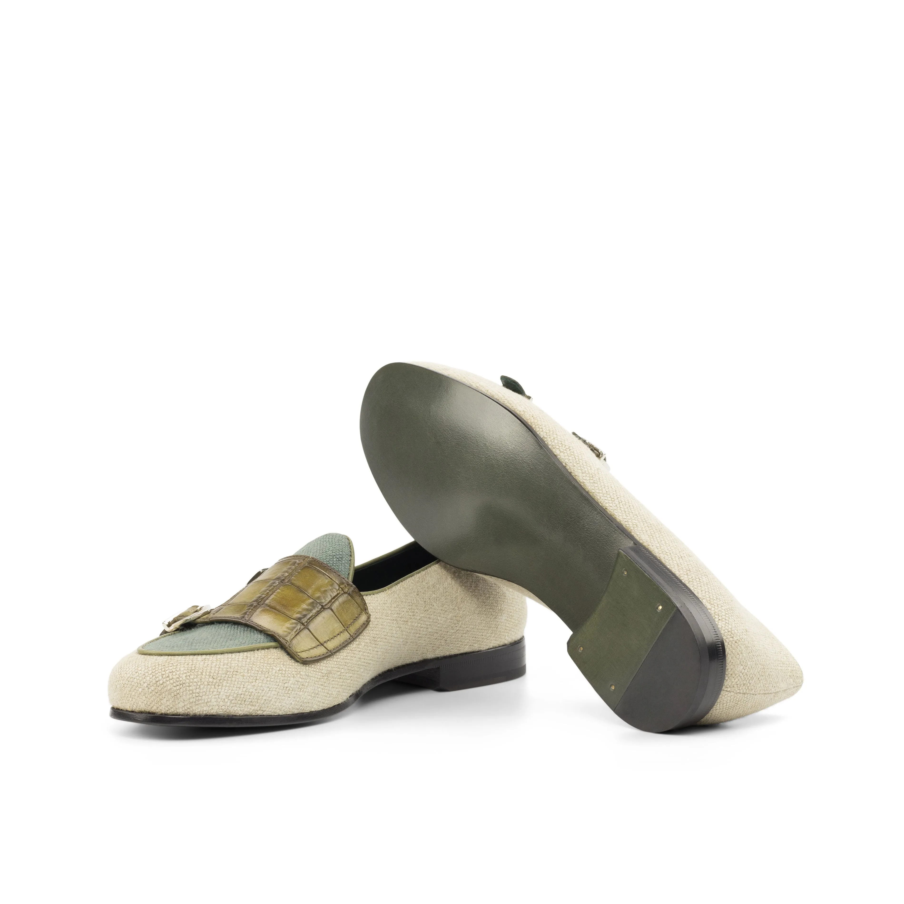 Dapperfam Shoes DapperFam Rialto en Glace / Kaki / Olive Mocassin Moine en Lin & Cuir Italien pour Homme