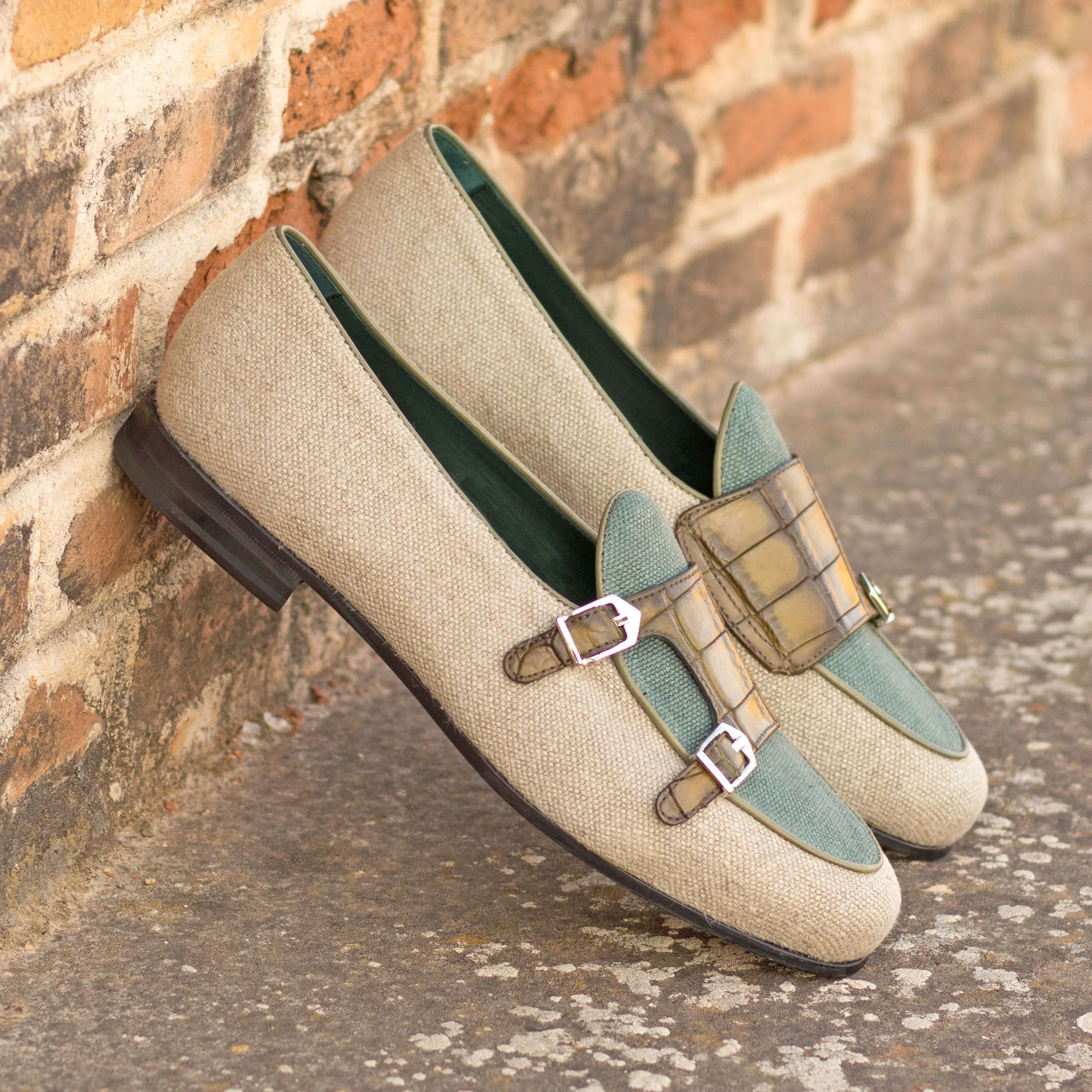 Dapperfam Shoes DapperFam Rialto en Glace / Kaki / Olive Mocassin Moine en Lin & Cuir Italien pour Homme
