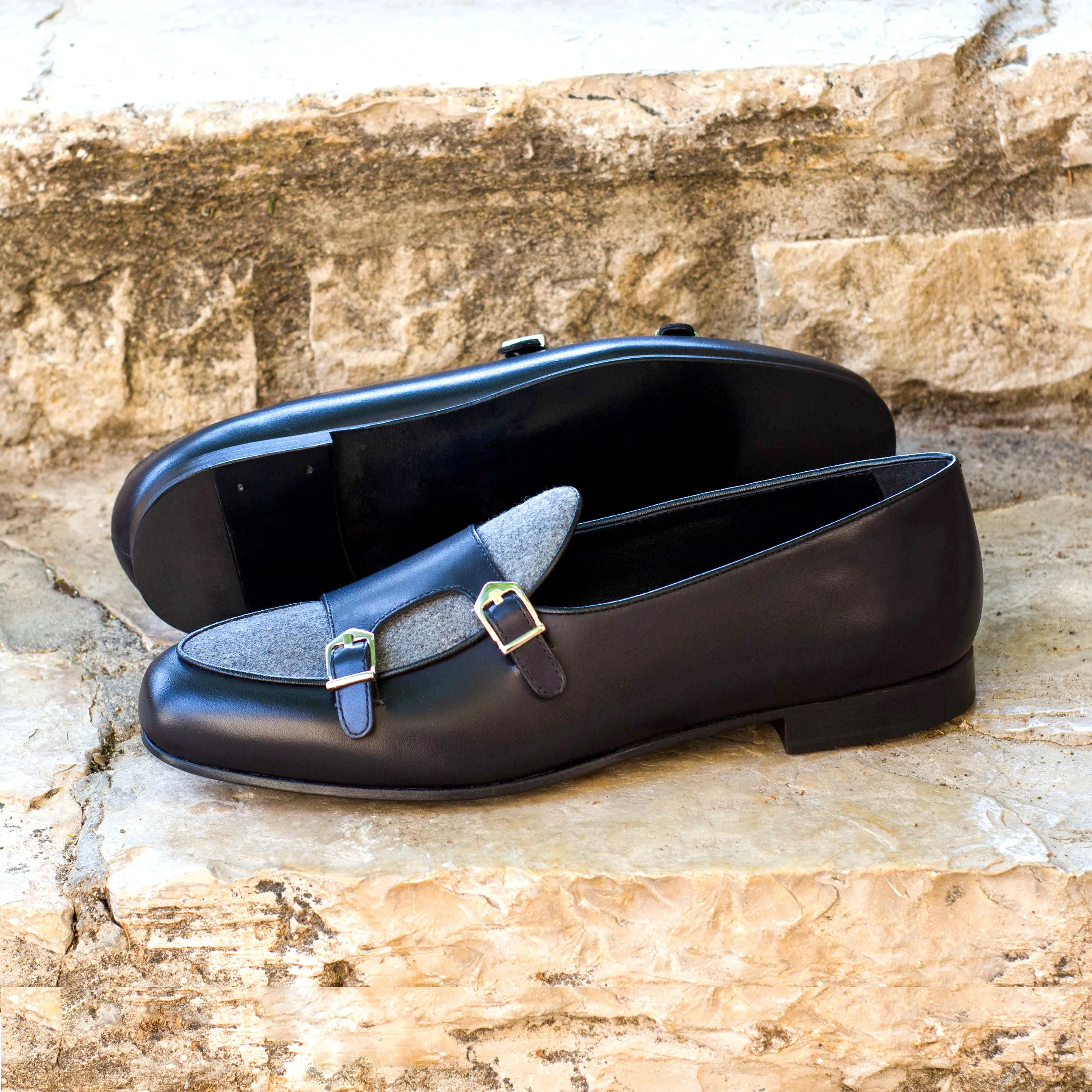 Dapperfam Shoes DapperFam Rialto en Gris Clair / Noir Mocassin Moine en Flanelle et Cuir Italien pour Homme