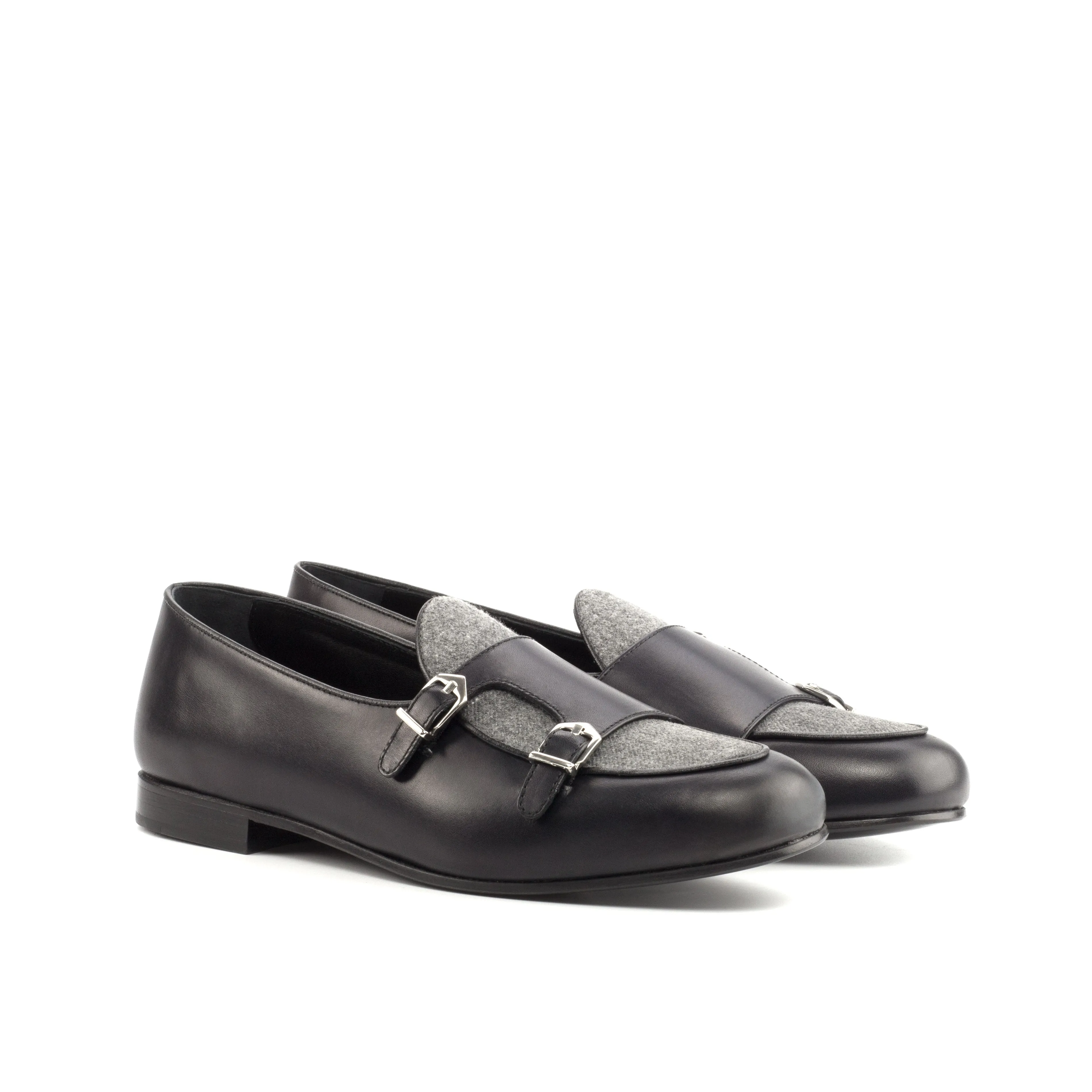 Dapperfam Shoes DapperFam Rialto en Gris Clair / Noir Mocassin Moine en Flanelle et Cuir Italien pour Homme